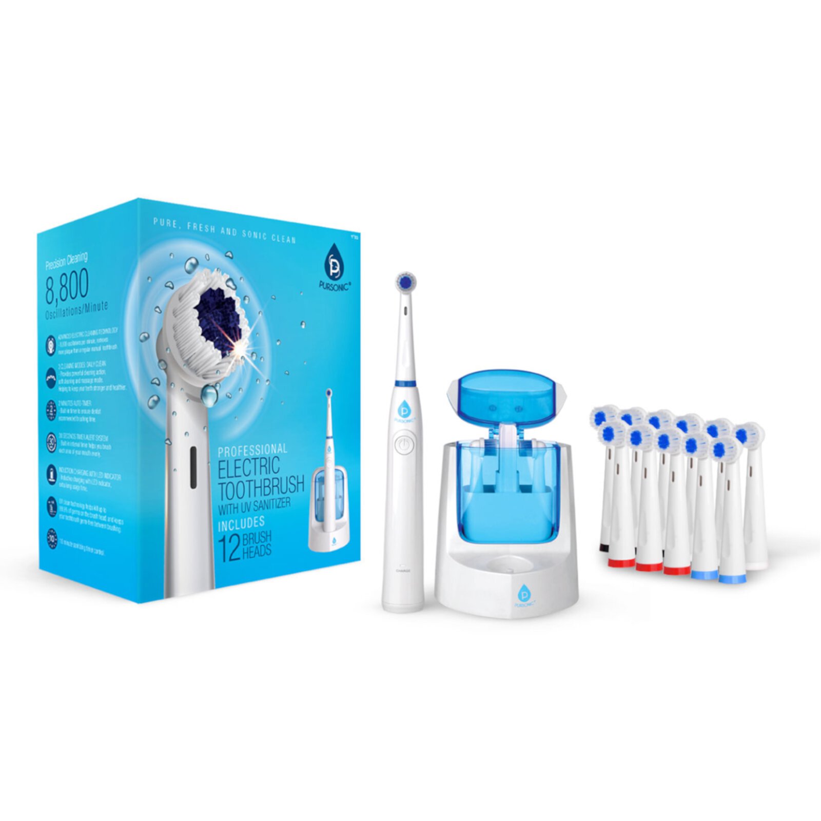 Pursonic oscillating electric rechargeable toothbrush w/ bonus 12 brusheads 2 tongue , 2 interdental Pursonic