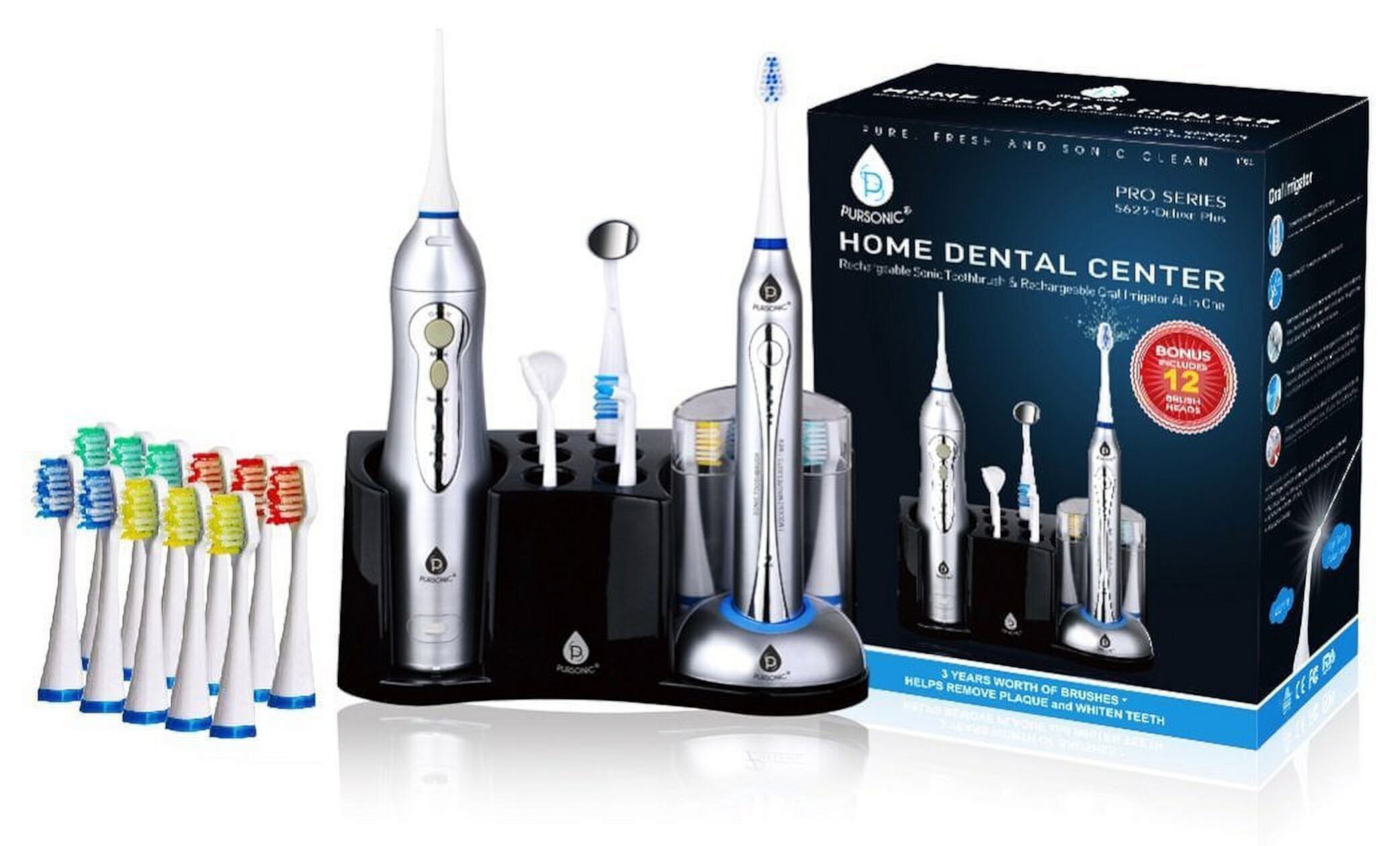 Pursonic rechargeable sonic toothbrush and rechargeable water flosser with 12 brush heads Pursonic