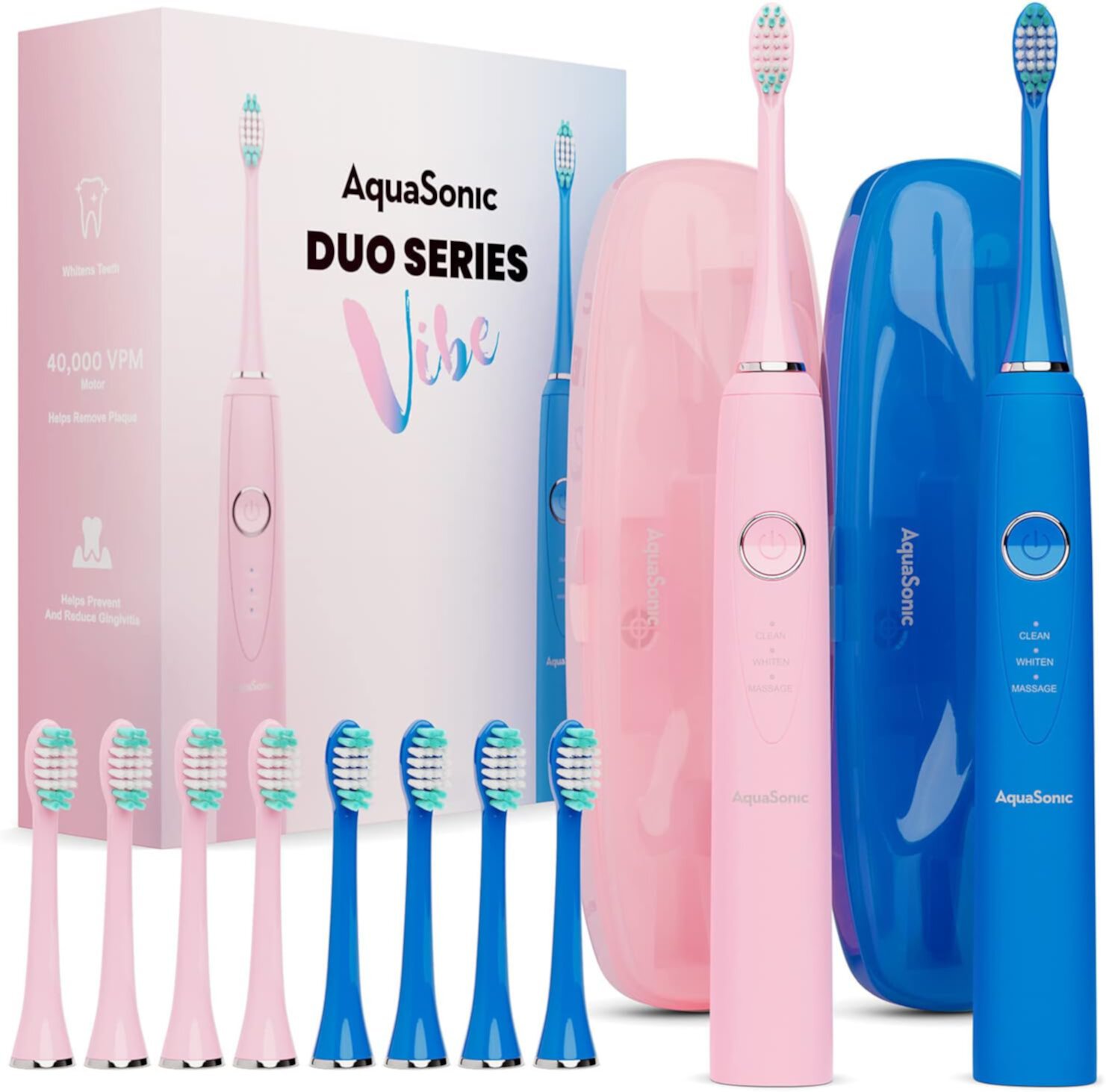 AquaSonic Vibe Duo Electric Toothbrush- Set of Two, 3 Modes, Smart Timer, 10 Brush Heads, 2 Travel Cases AQUASONIC