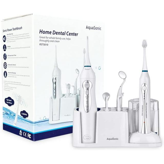 Aquasonic Home Dental Center - Sonic Toothbrush & Smart Water Flosser Combo - 3 Cleaning Modes, Inductive Charging, Auto Timer - Complete Oral Care Kit for Family - White AQUASONIC