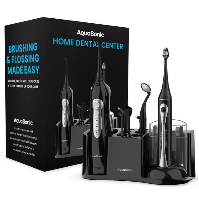 Aquasonic Home Dental Center - Sonic Toothbrush & Smart Water Flosser Combo - 3 Cleaning Modes, Inductive Charging, Auto Timer - Complete Oral Care Kit for Family | Black AQUASONIC