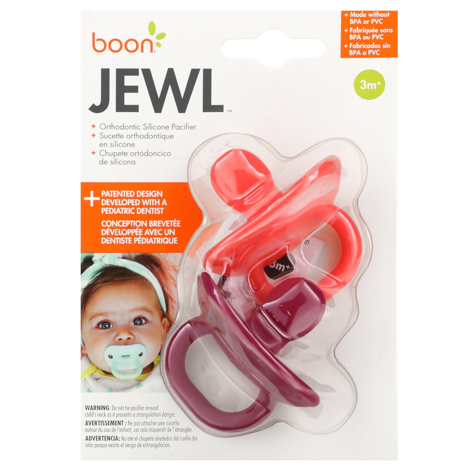 boon jewl orthodontic silicone stage 2 pacifier, pink, (pack of 2) Boon