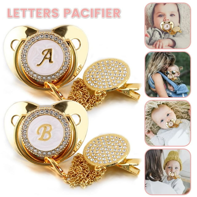 Initial Letter Baby Gold Pacifier, Gold Bling Baby Nipple Pacifier with Clips Newborn Dummy Pacifier Pluokvzr