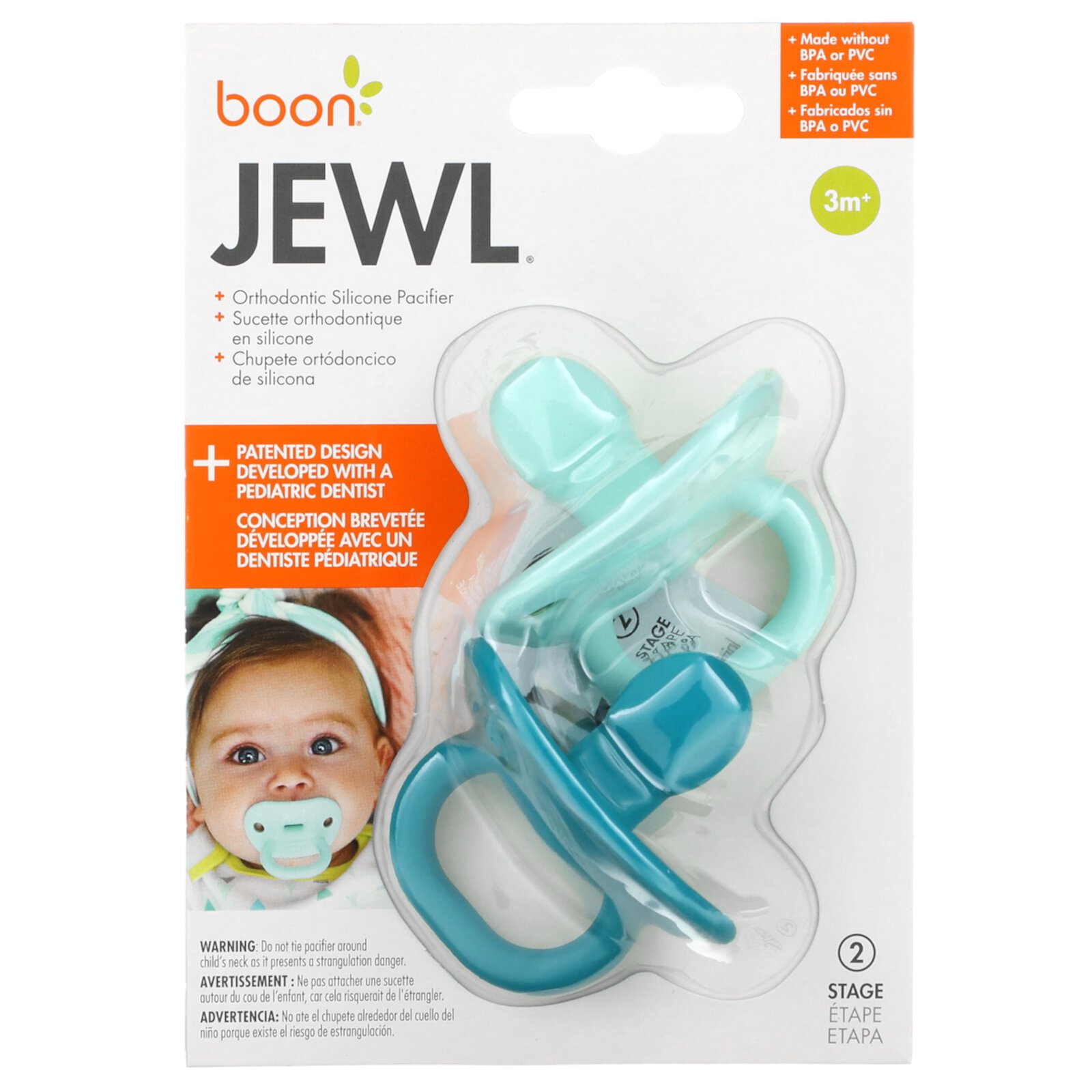 boon jewl orthodontic silicone stage 2 pacifier, blue, (pack of 2) Boon