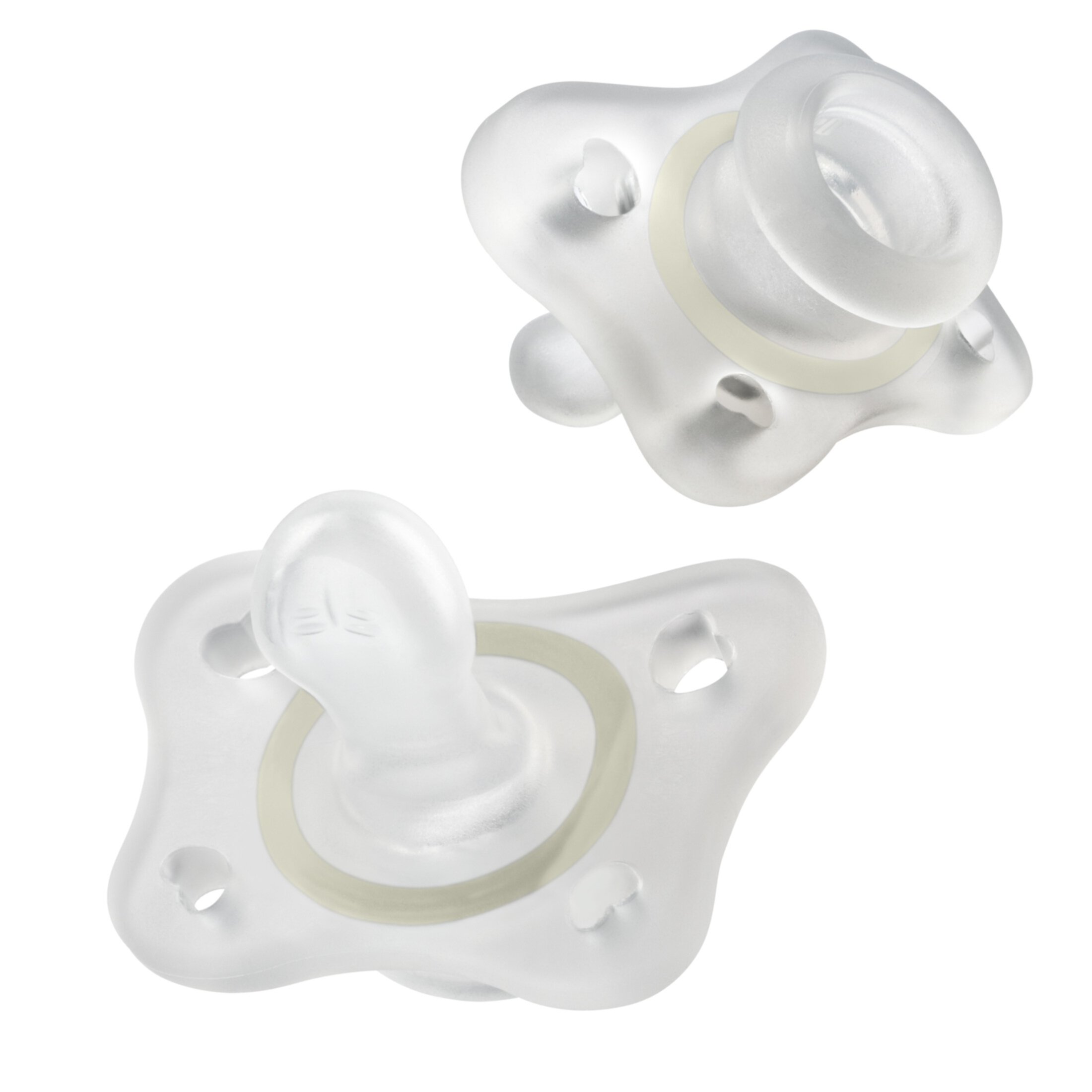 Chicco PhysioForma® 100% Soft Silicone Mini Glow-in-the-Dark One-Piece Pacifier, Orthodontic Nipple Supports Breathing, BPA & Latex Free, Reusable Sterilizing Case, 2-6 Months, 2pk - Clear, New Chicco