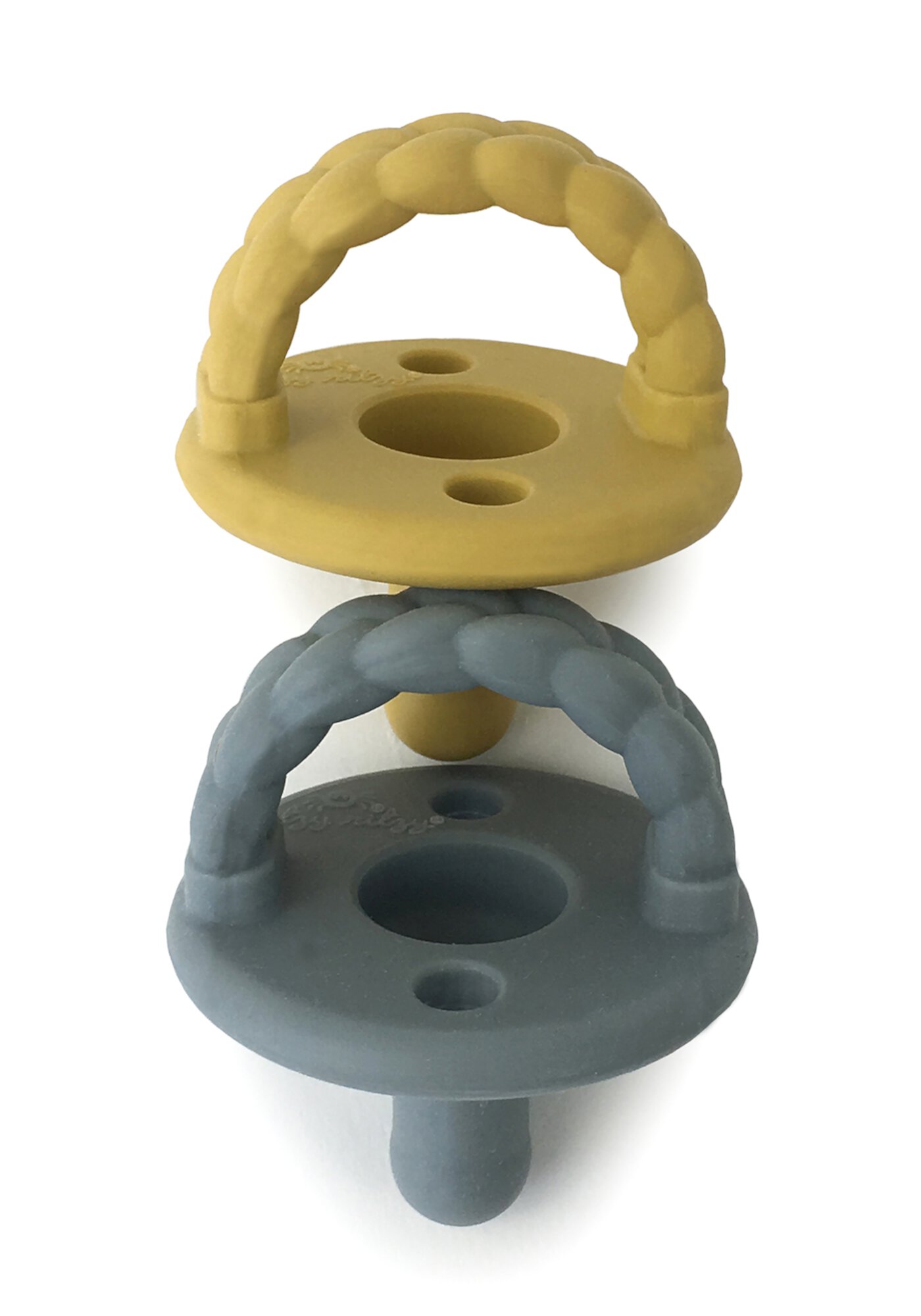 Itzy Ritzy Sweetie Soother Pacifier Set of 2 - Silicone Newborn Pacifiers with Collapsible Handle & Two Air Holes for Added Safety; Set of 2 in Dark Gray & Yellow, Ages Newborn & Up Itzy Ritzy