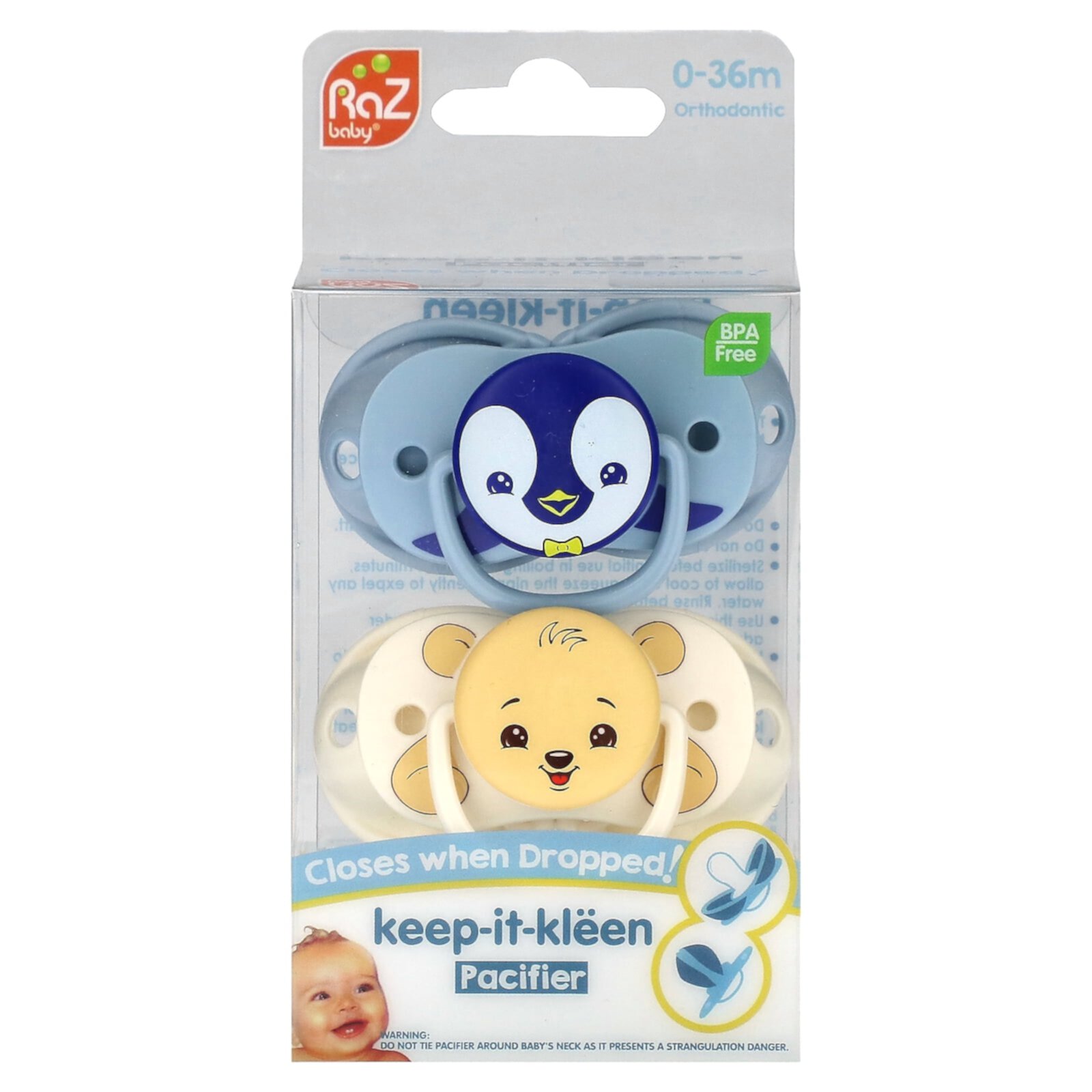 RaZbaby Keep-it-Kleen Pacifier 0-36m (2-Pack), Closes Automatically When Dropped | Penguin/Bear RAZBaby