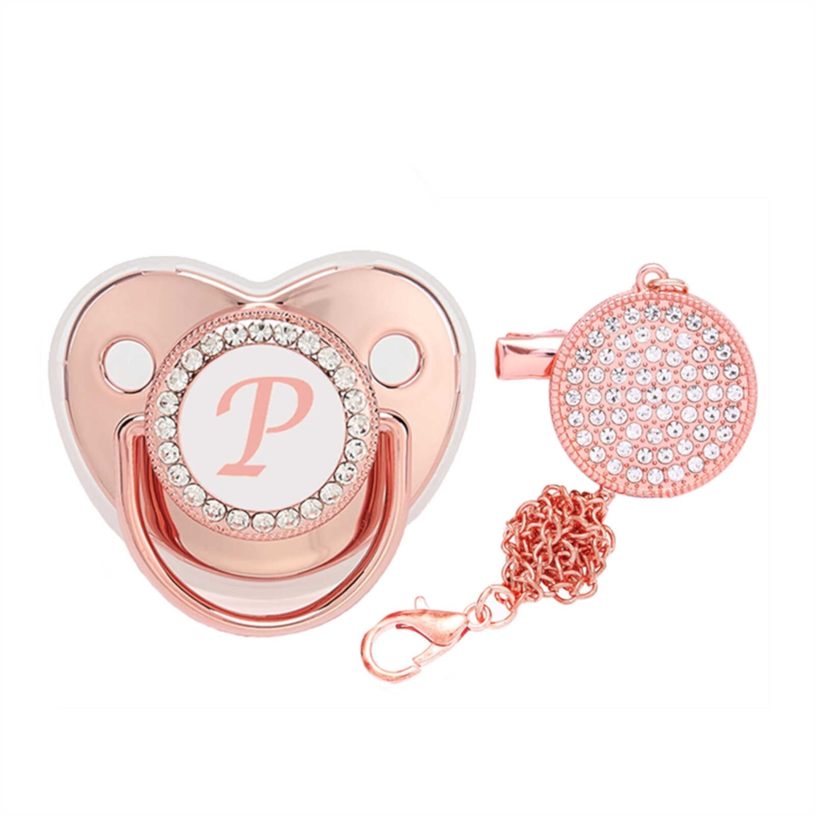 AJTQTH Pacifier for Baby Infant Rhinestones with 26 Alphabets Initials Personalized with Clips Teething Toys for Newborn Infant Rose Gold P AJTQTH