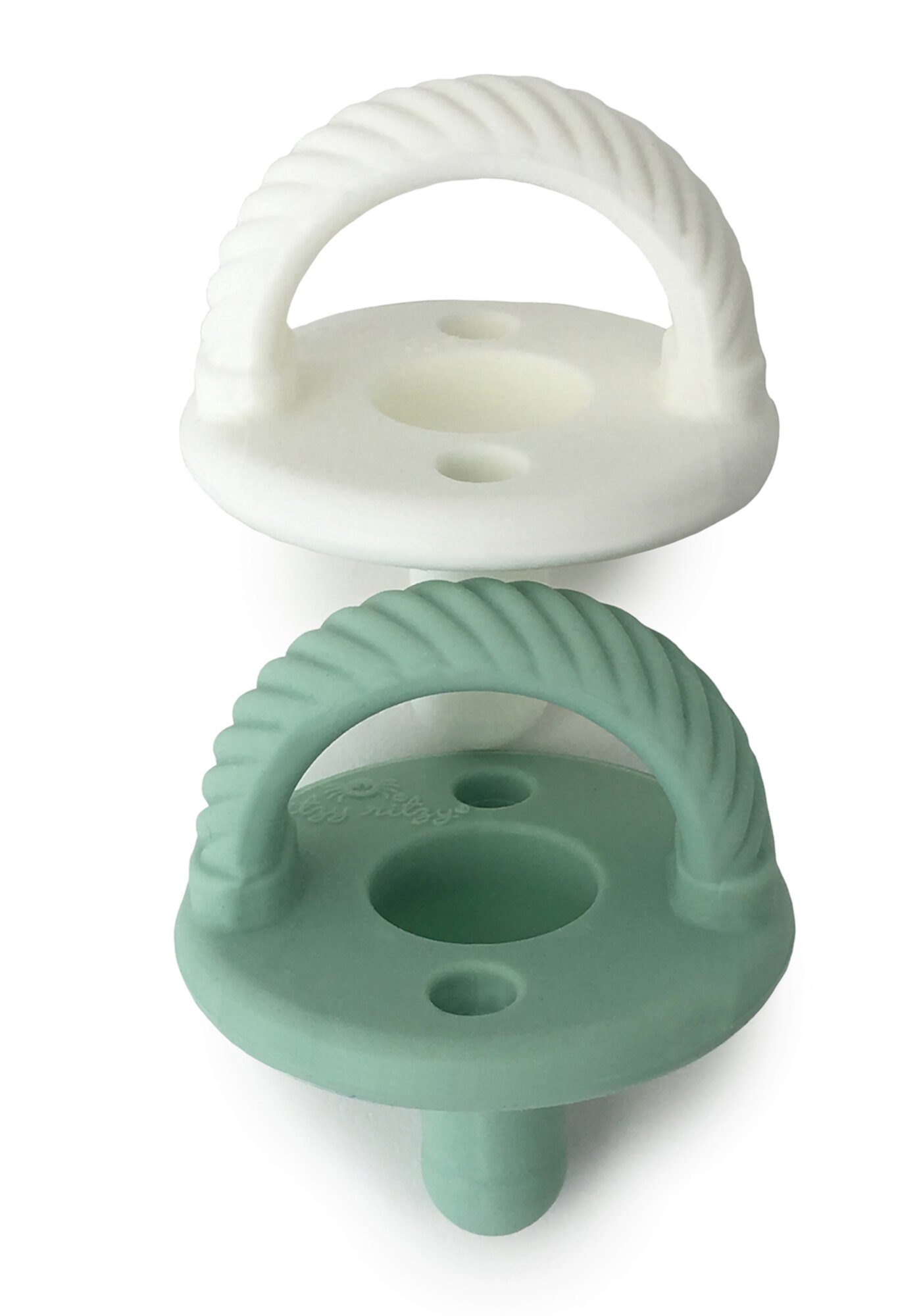 Itzy Ritzy Sweetie Soother Pacifier Set of 2- Silicone Newborn Pacifiers with Collapsible Handle & Two Air Holes for Added Safety; Set of 2 in Green and White, Ages Newborn & Up Itzy Ritzy