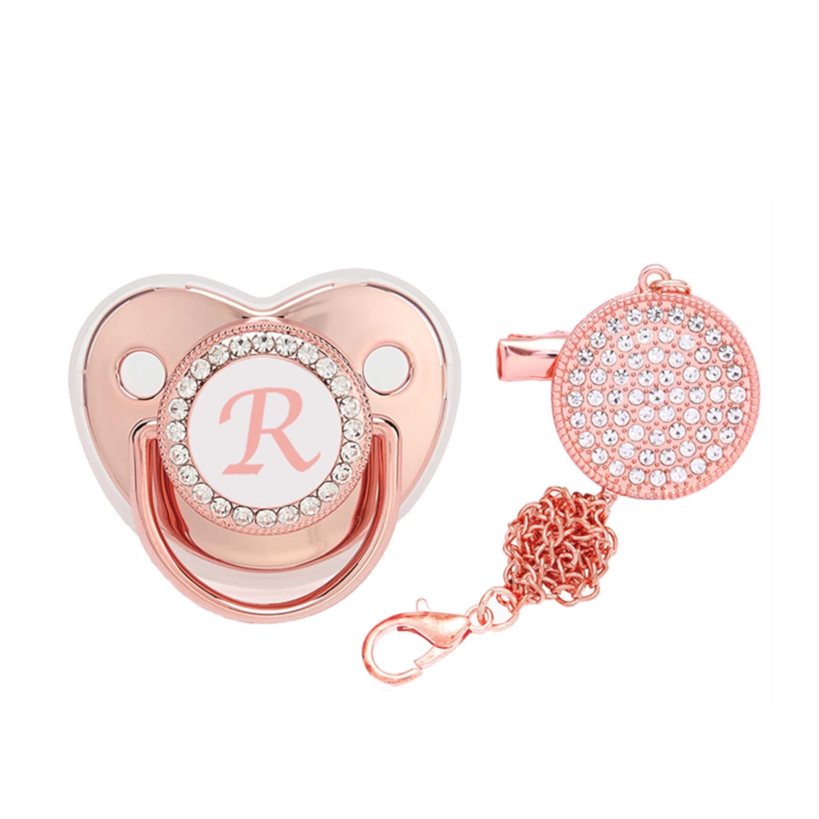 AJTQTH Pacifier for Baby Infant Rhinestones with 26 Alphabets Initials Personalized with Clips Teething Toys for Newborn Infant Rose Gold R AJTQTH