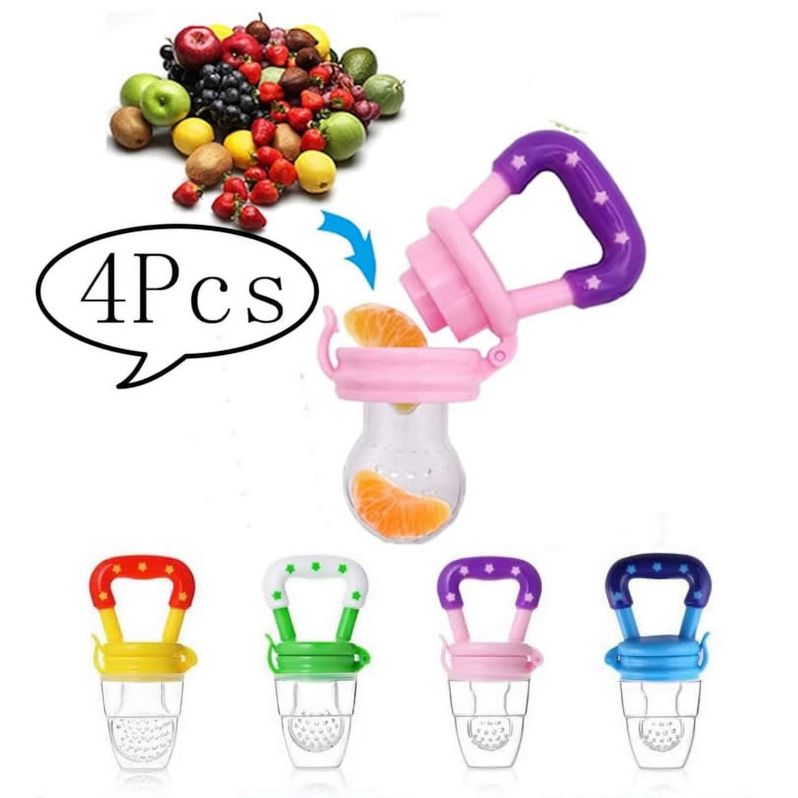 LNKOO Baby Fresh Fruit Food Feeder Nibbler Pacifier (4 Pack) |Training Massaging Toy Teether| Food Grade Soft Safe BPA-Free Silicone Pouches| Babies Toddlers Infants Kids M Lnkoo