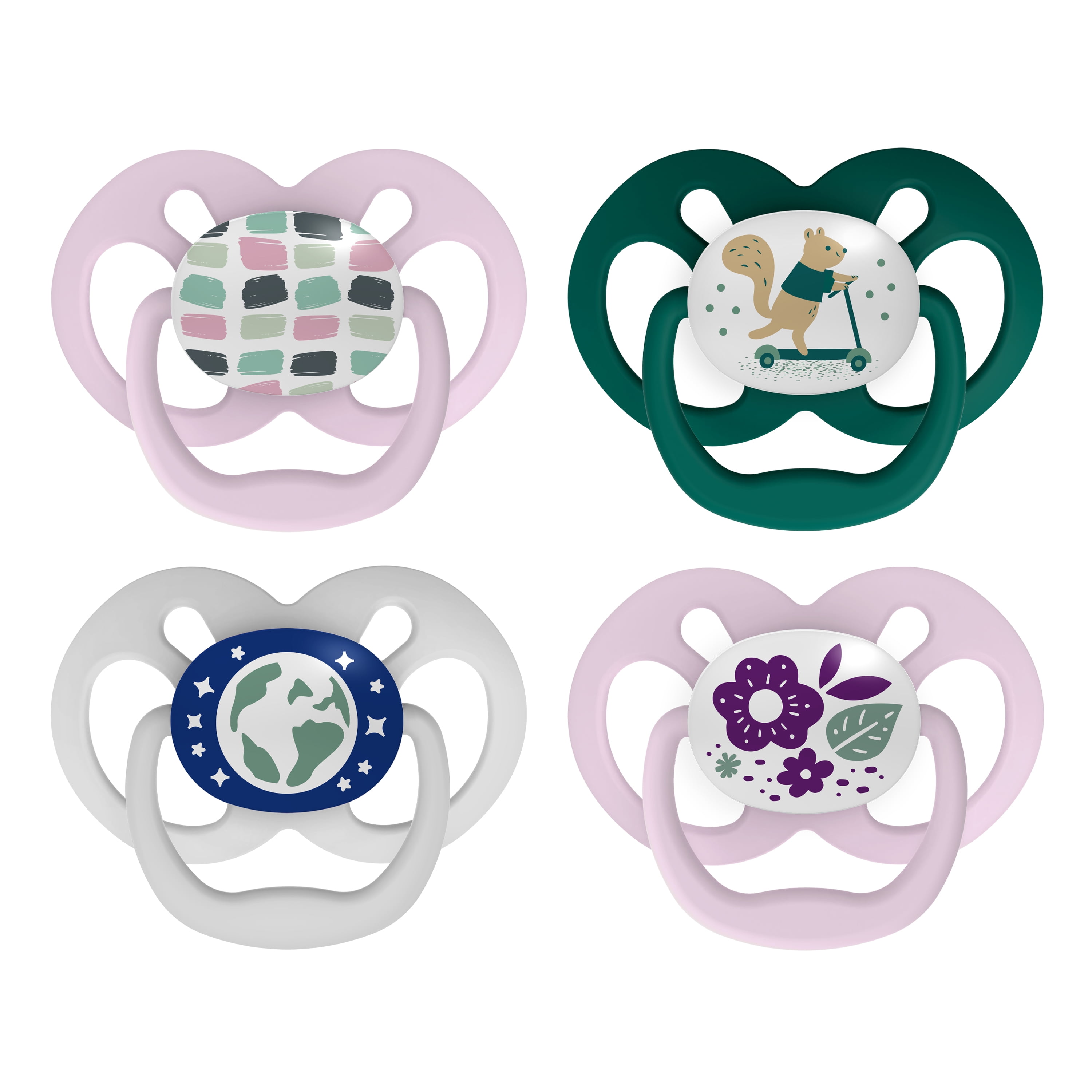 Dr. Brown's Advantage Baby Pacifier, Fully Symmetrical, Silicone Bulb, 6-18m, BPA Free, Squirrel/Glow, 4 Pack Dr. Brown's