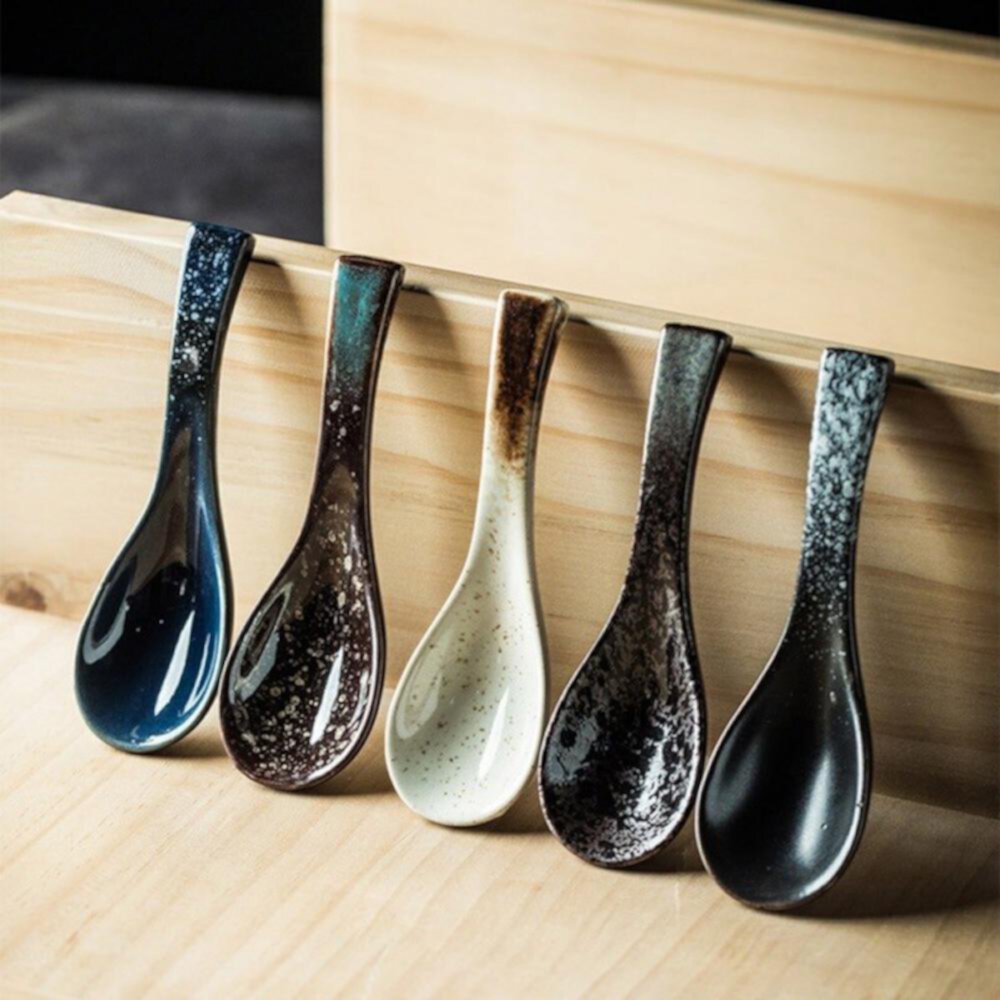 Japanese-Style Retro Ceramic Small Soup Spoon Kitchen Cooking Utensil Tool Soup Teaspoon Catering Kitchen Accessories Popvcly