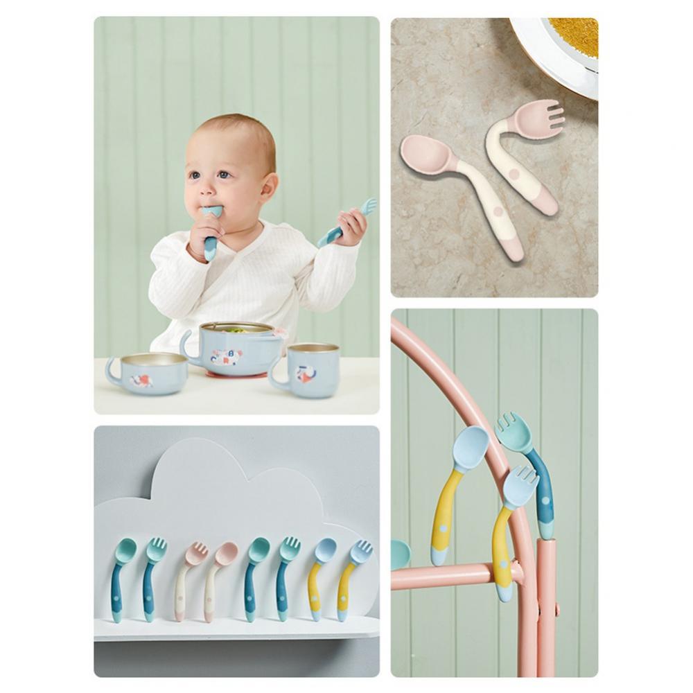 Baby Feeding Spoon Fork Set, Utensil Bendable Handle Training BPA Free for Infant Toddlers Easy Grip Self Feeding Amazingfashion