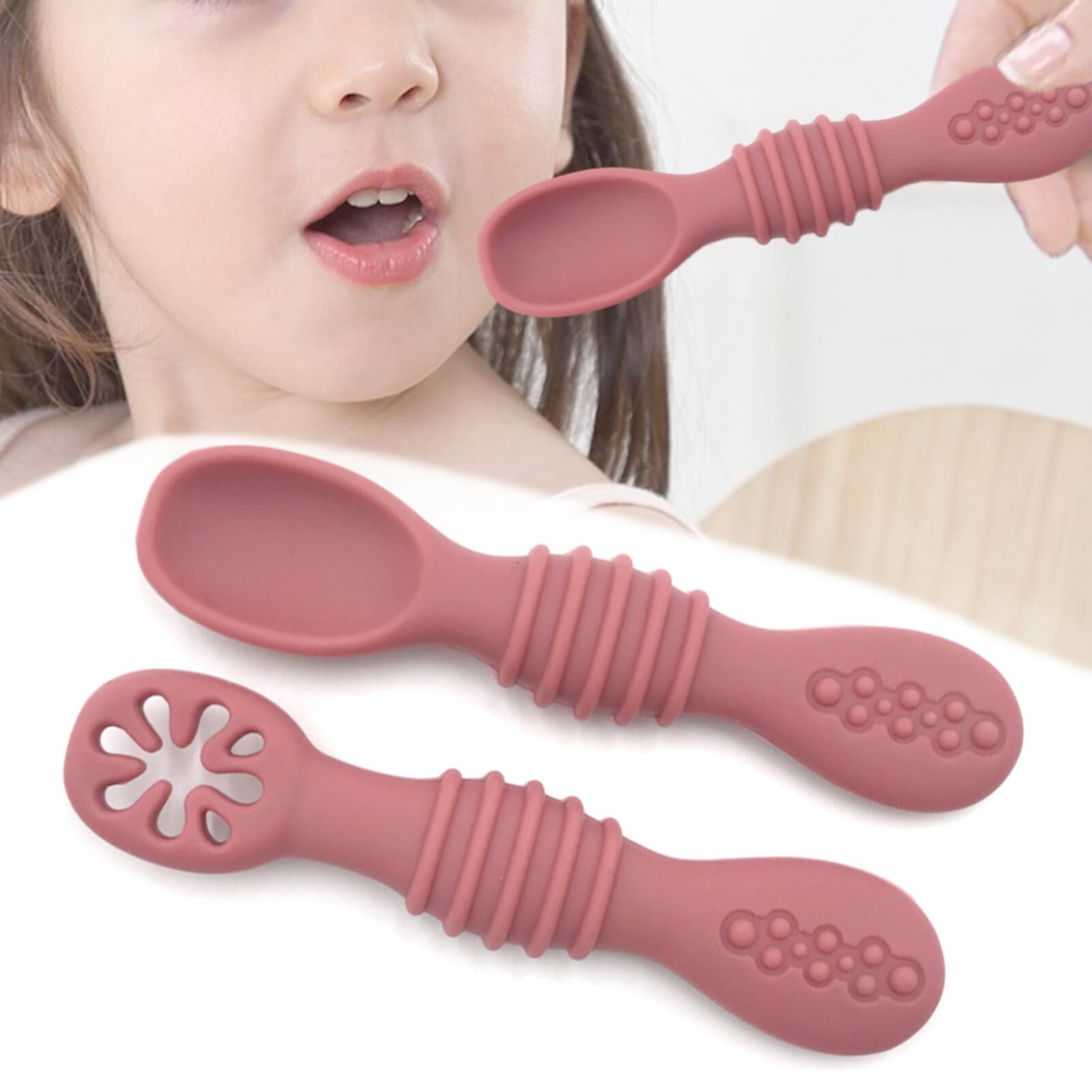 Waroomhouse 1Set Baby Spoon Food Grade Non-deformable Silicone Toddler Feeding Training Spoon Utensils for Kids Waroomhouse