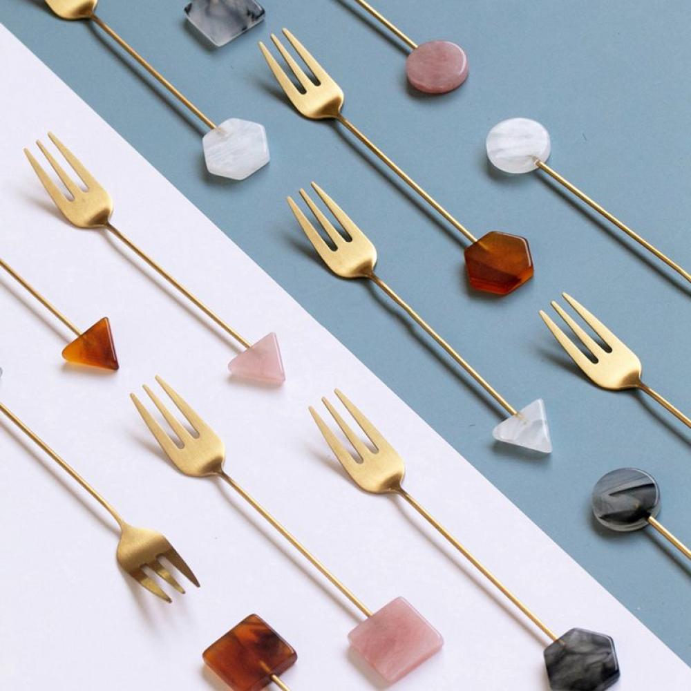 Gold-Plated 304 Stainless Steel Small Fork Fruit Dessert Fork Acrylic Decorative Geometric Stainless Steel Fruit Fork Popvcly