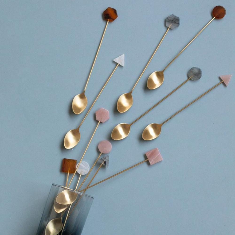 304 Stainless Steel Long Spoon Ins Coffee Stirring Long Handle Household Acrylic Gold-Plated Geometric Shape Long Spoon Popvcly