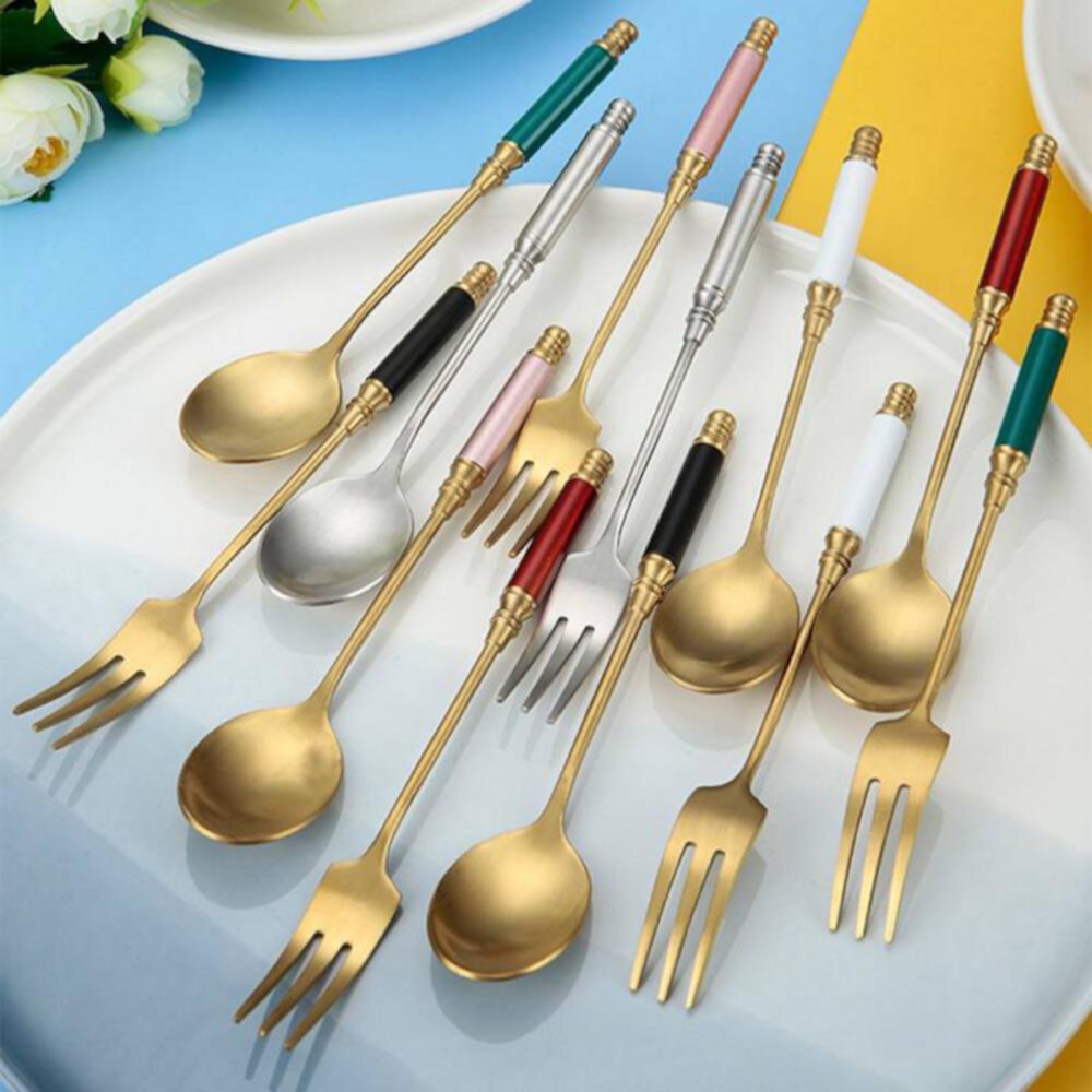 304 Stainless Steel Spoon Fork European Style Retro Palace Style Cylindrical Handle Coffee Spoon Dessert Fork Popvcly