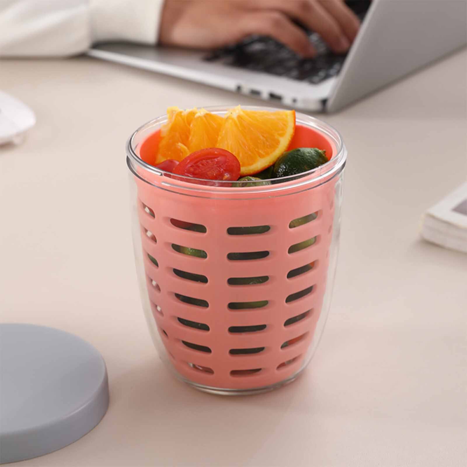 XYAIYT Salad Cup Plastic Fruit Box with Stainless Steel Fork 1.3L Reusable Food Container, Orange XYAIYT