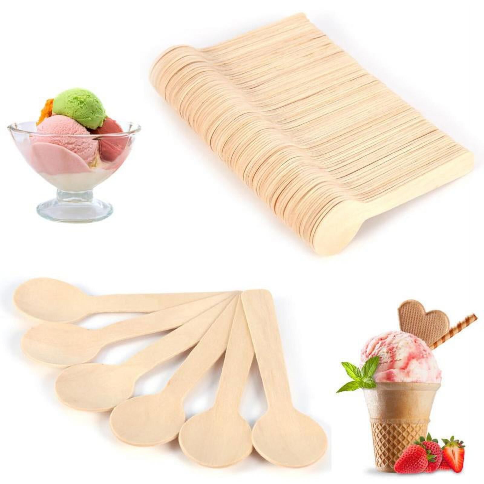 WALFRONT 100pcs Wood Spoons Disposable Wooden Spoon Set For Kitchen, Mini Kitchen Ice Cream Dessert Tea Spoon 10cm Flatware Cutlery Bupplies Natural Wood Utensils Walfront