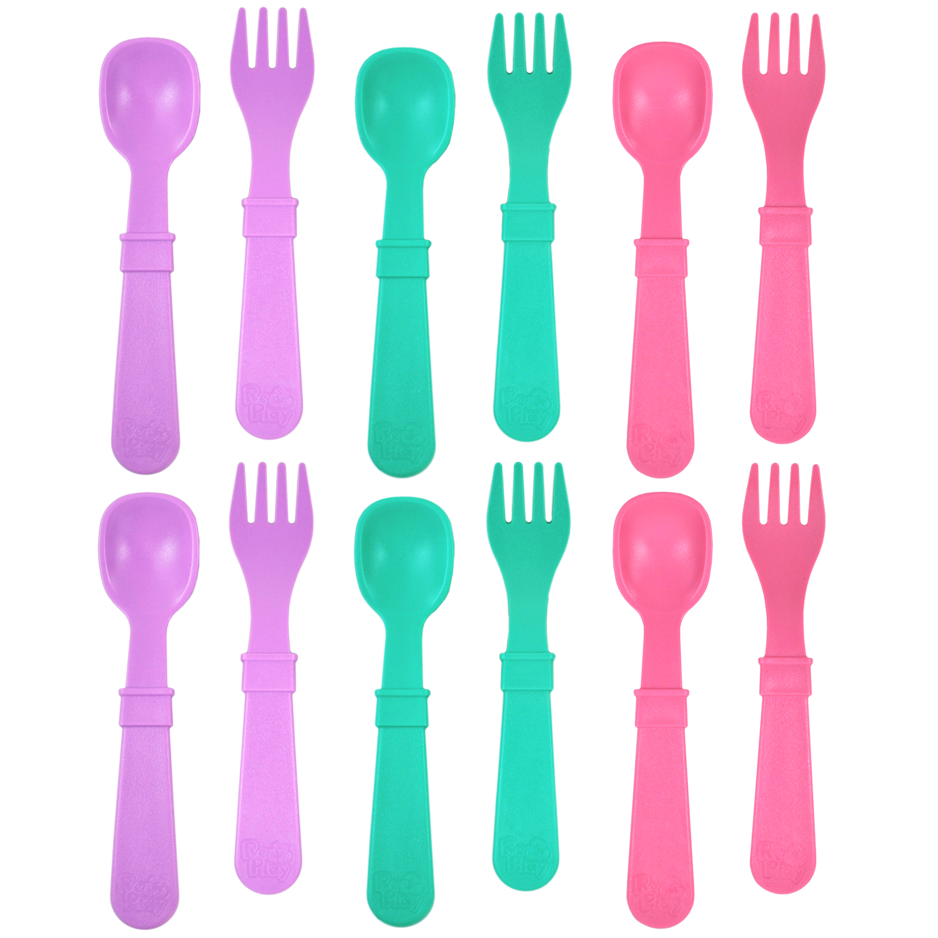 Re-Play Made in USA 12pk Toddler Feeding Utensils Spoon and Fork Set for Easy Baby, Toddler, Child Feeding - Purple, Aqua, Bright Pink (Sparkle) 6 Spoons/6 Forks Durable Toddler Utensils! Re-Play