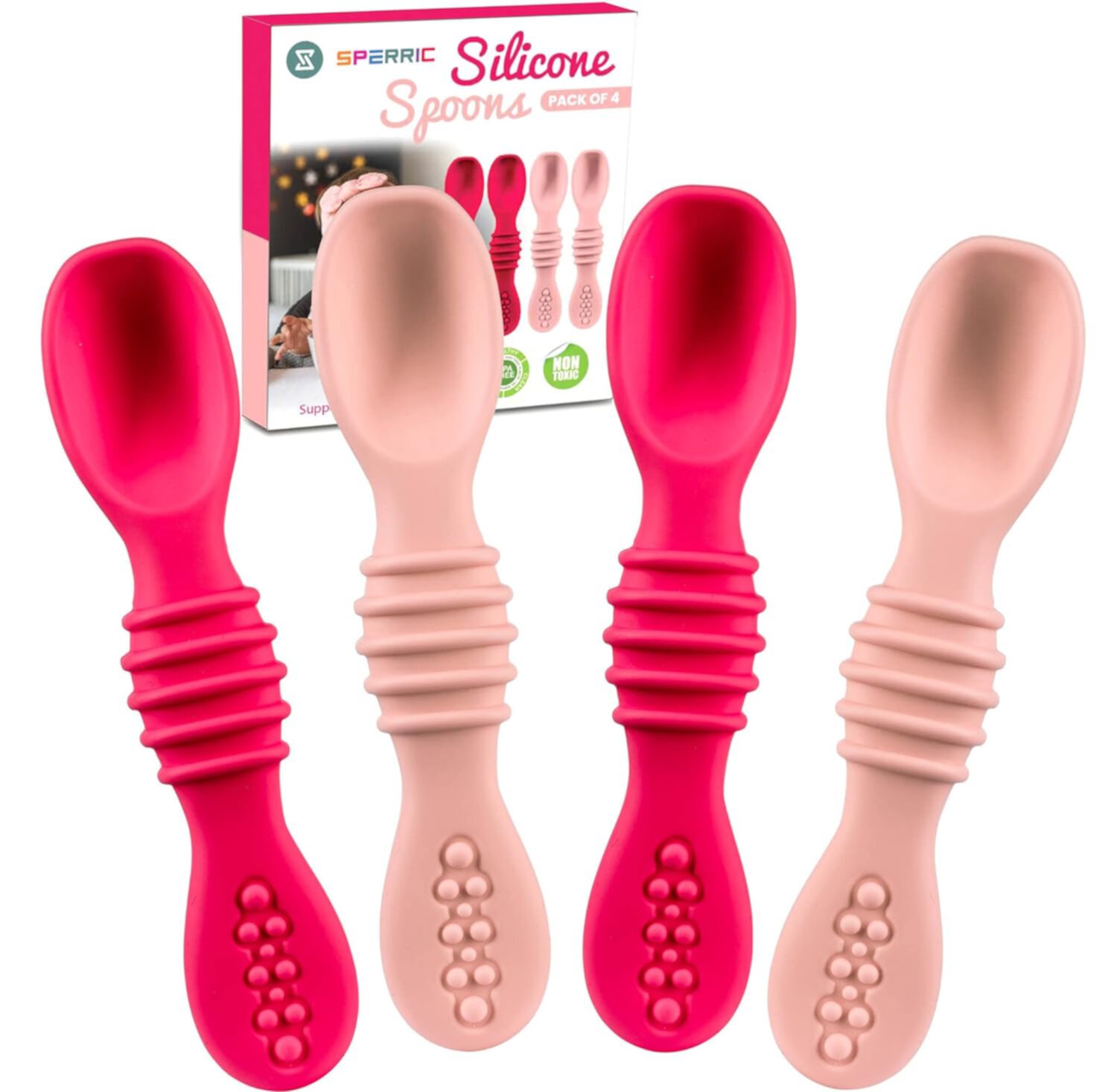 Silicone Baby Spoon, Baby Led Weaning, First Stage Baby Spoons, Baby Feeding Spoon Set Gum Friendly BPA Lead Phthalate & Plastic Free, Baby Self Feeding Utensils for Infant & Toddler, Great Gift Sperric