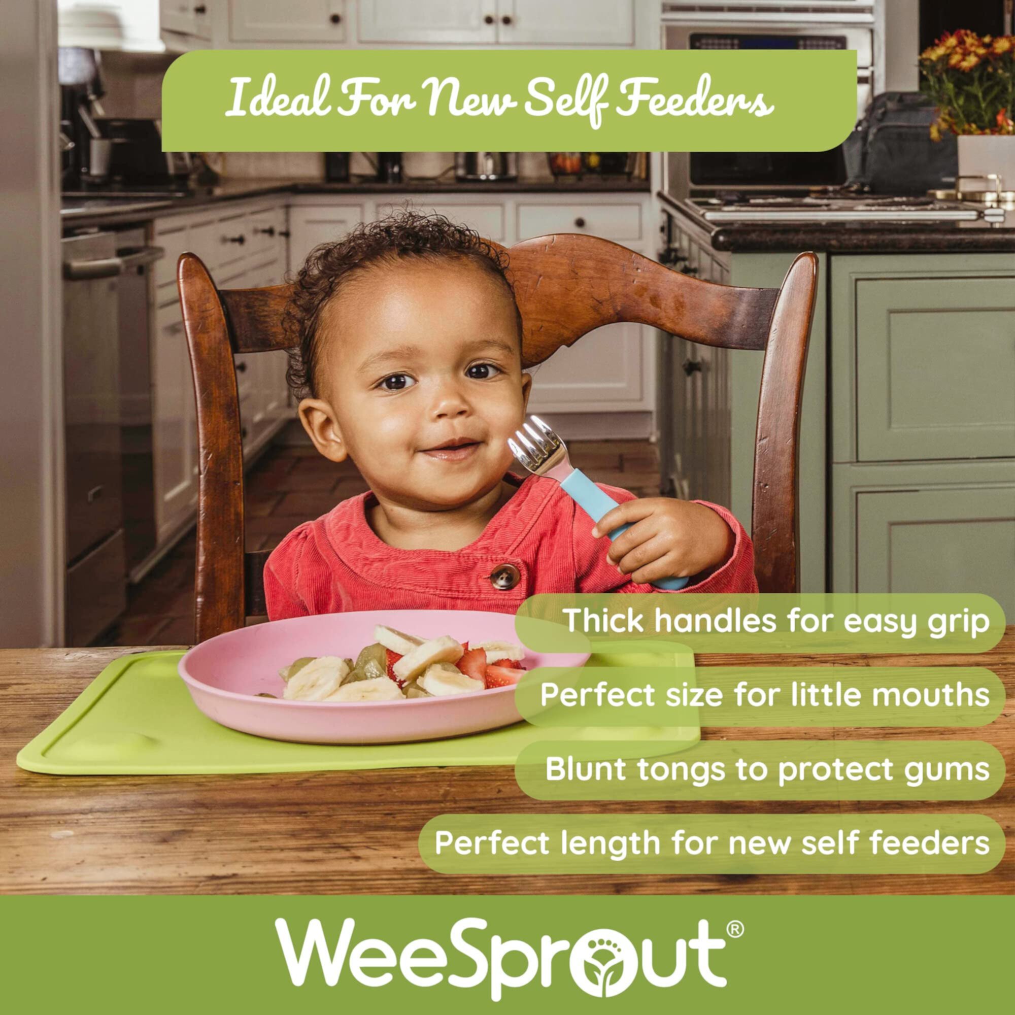 WeeSprout Toddler Utensils, 3 Forks & 3 Spoons, 18/8 Stainless Steel & Food Grade Silicone WeeSprout