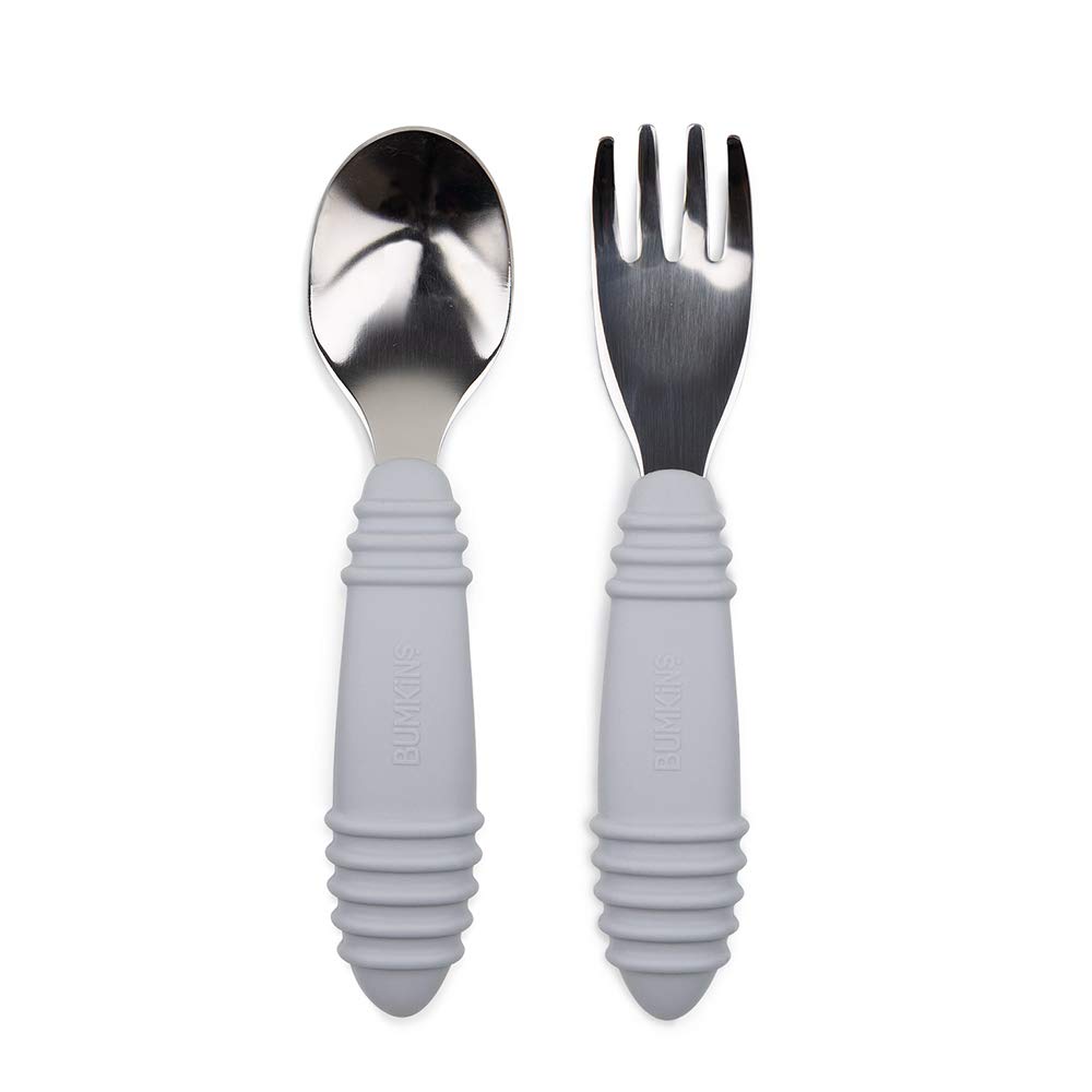 Bumkins Toddler Fork and Spoon Set, Stainless Steel & Silicone for 18 Mos+ (Gray) Bumkins