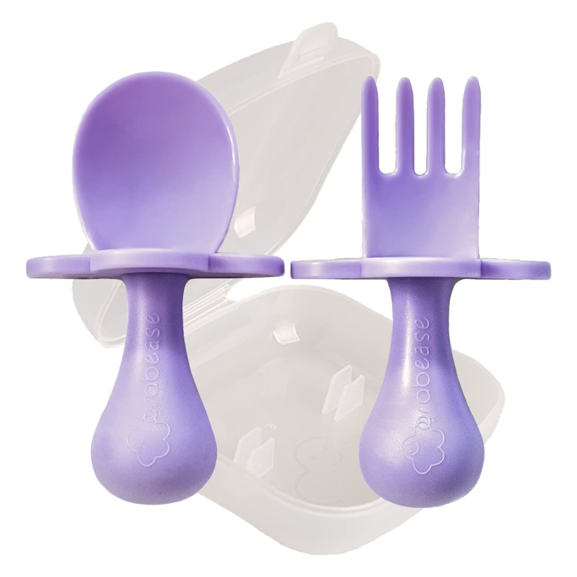 Grabease Baby and Toddler Self-Feeding Utensils – Spoon and Fork Set for Baby-Led Weaning – Made of Non-Toxic Plastic – Featuring Protective Barriers to Prevent Choking and Gagging Grabease