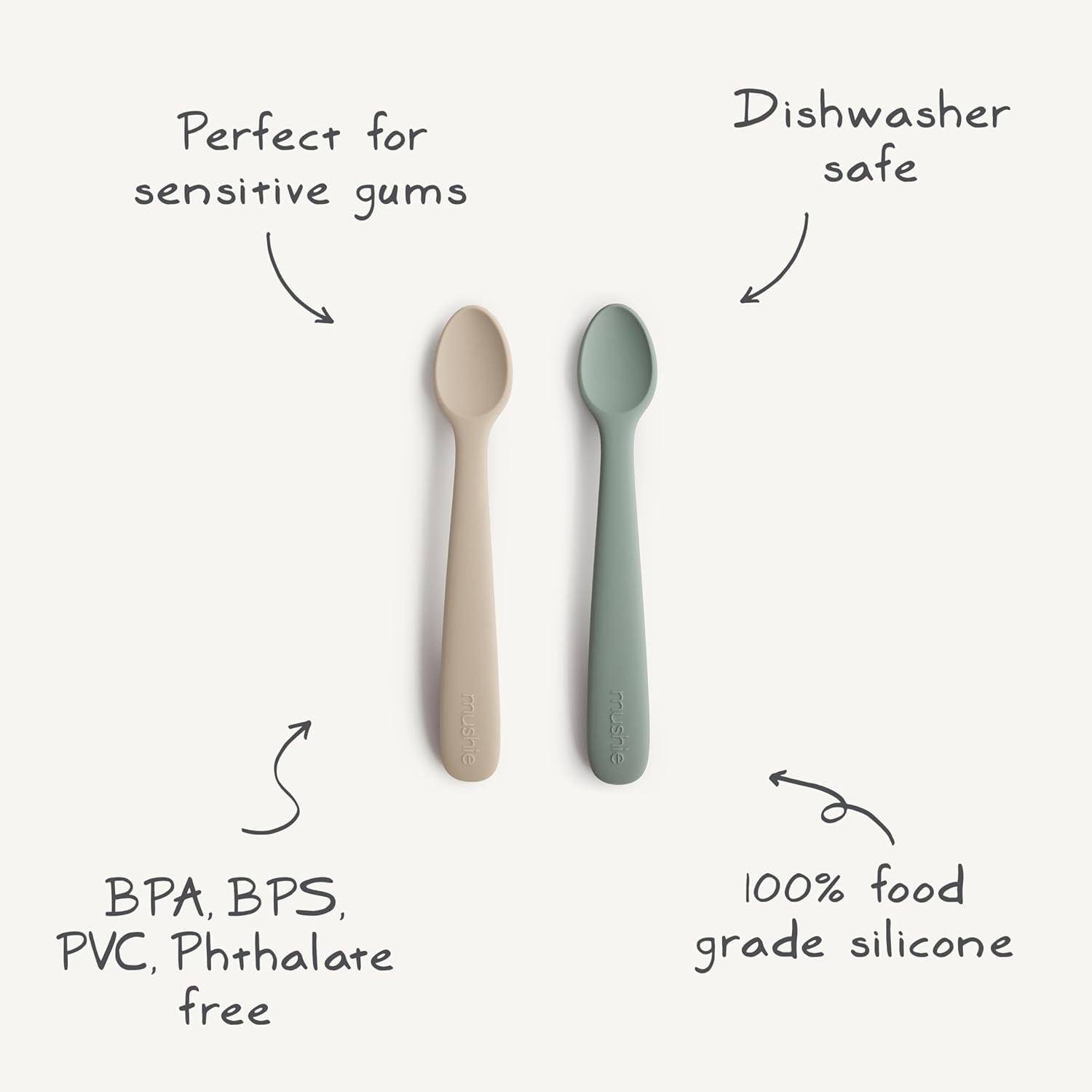 Mushie Silicone Baby Feeding Spoons for Infants and Toddlers, 2-Pack (Blush & Shifting Sand) Mushie