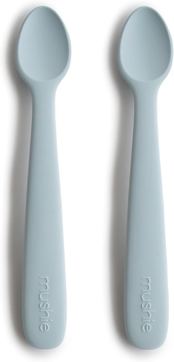 Mushie Silicone Baby Feeding Spoons for Infants and Toddlers, 2-Pack (Powder Blue Mushie