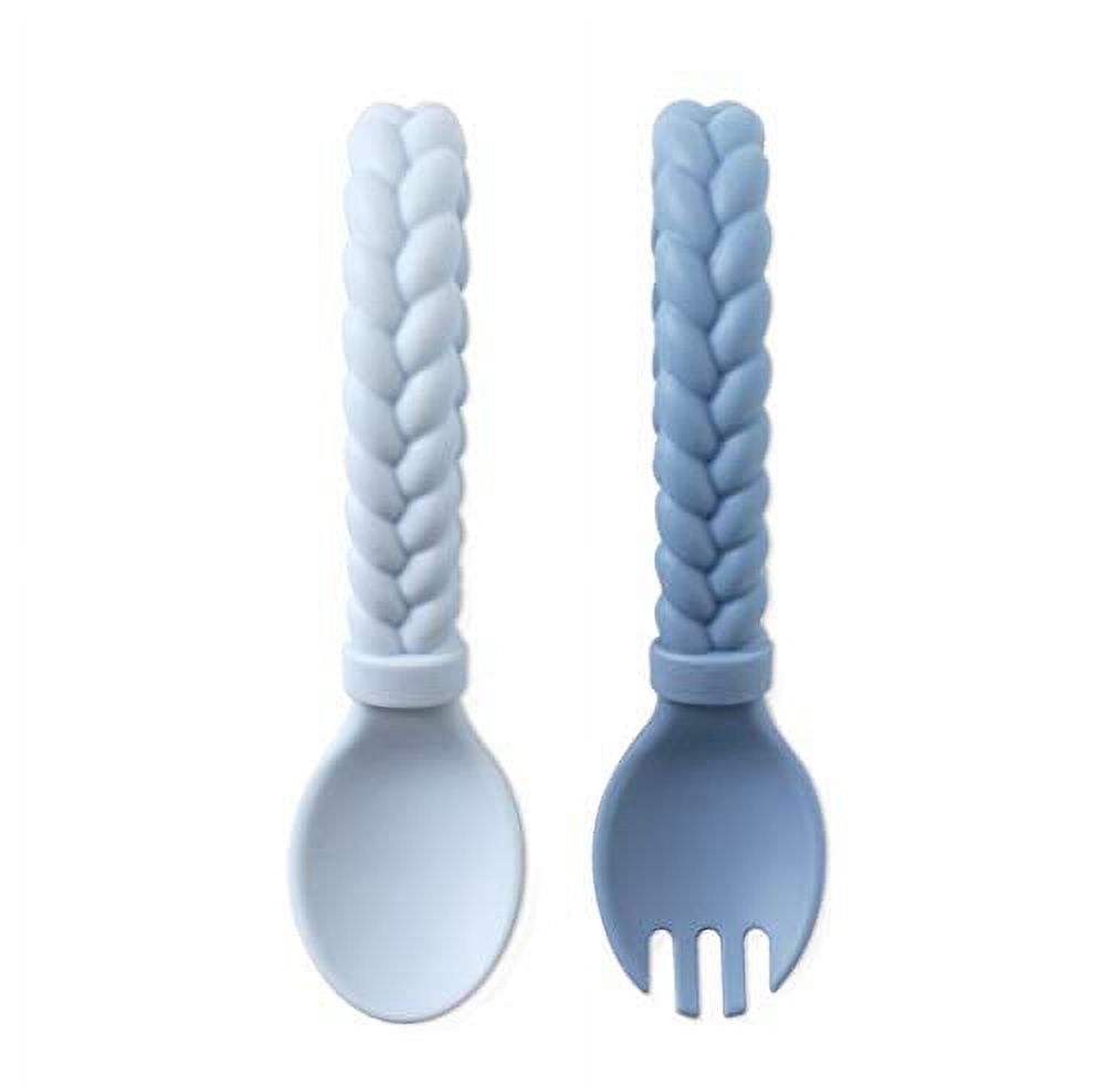 Itzy Ritzy Silicone Spoon & Fork Set; Baby Utensil Set Features A Fork and Spoon with Looped, Braided Handles; Made of 100% Food Grade Silicone & BPA-Free; Ages 6 Months and Up, Blue Itzy Ritzy