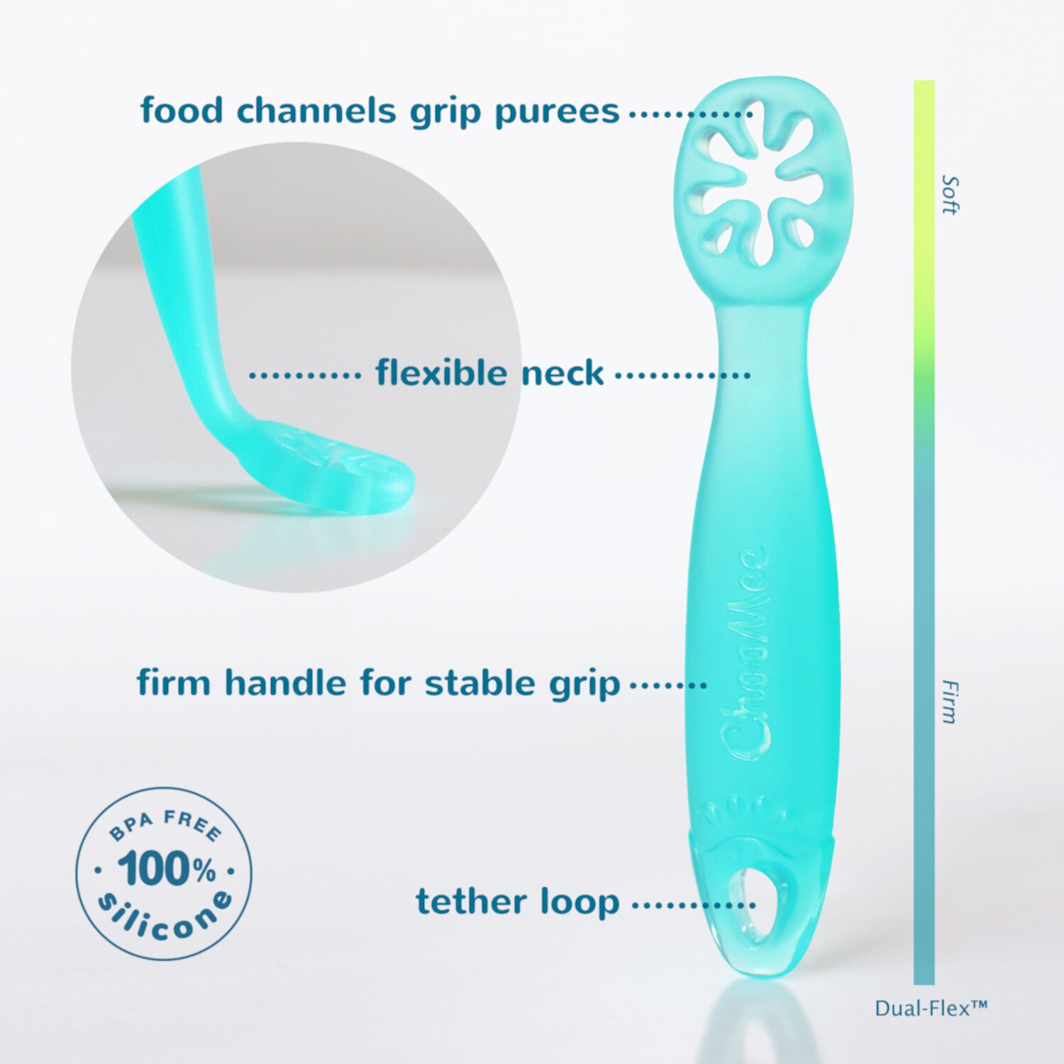 ChooMee FlexiDip Silicone Baby Learning Utensil | 4 Months + Baby Led Weaning | Flat Head Spoon with Firm Handle | Designed in USA, BPA Free, Premium Grade Platinum Silicone | 2 CT ChooMee