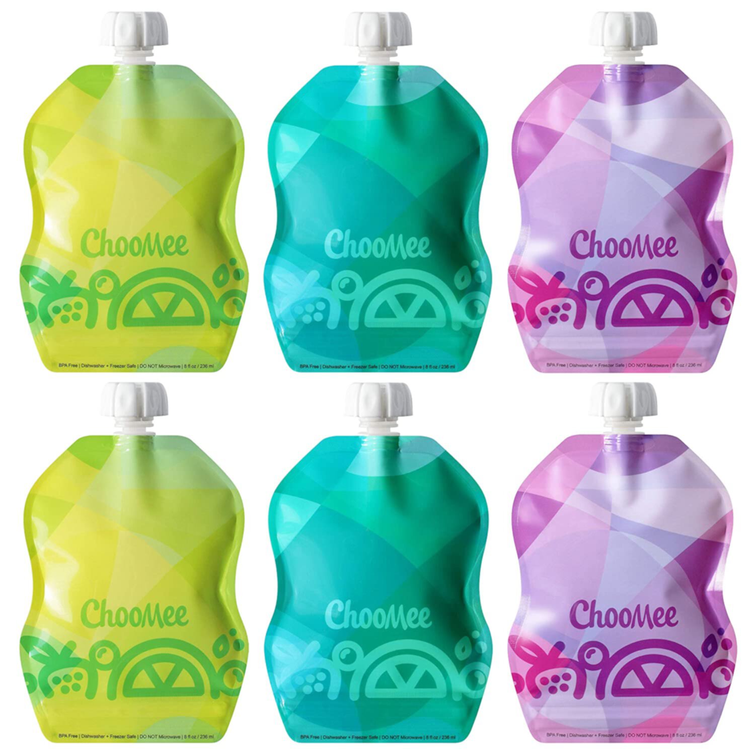 ChooMee Reusable Baby Food Storage Pouches, 8 oz | Ideal for Baby Food, Smoothies and Purees | Secure Double Lock Zipper, Wide Bottom, BPA Free | SnakPack TropiColor 6 CT ChooMee