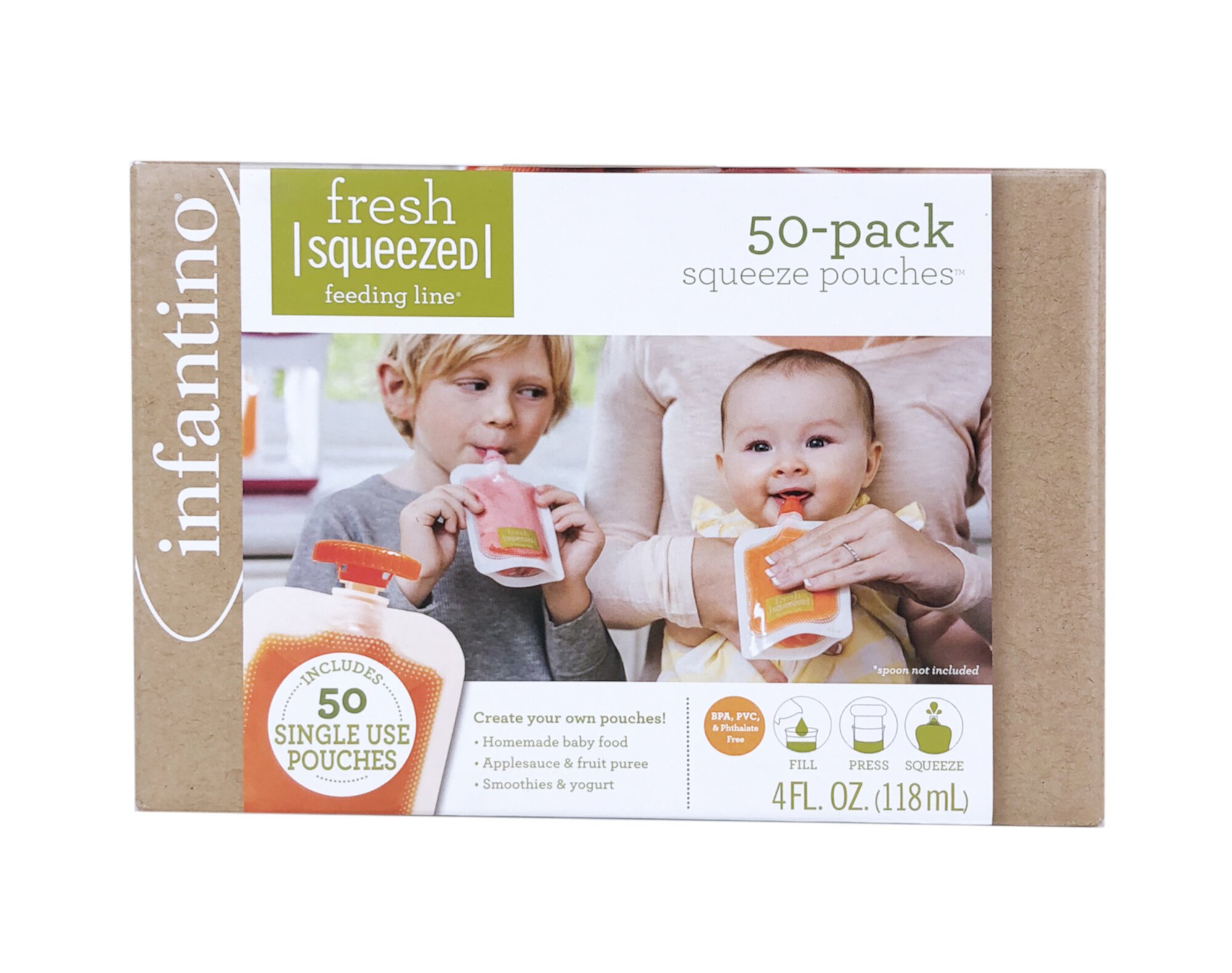 Infantino Disposable Squeeze Pouches, 4oz. Clear Non-Reusable Puree Pouches, 50-Pack INFANTINO