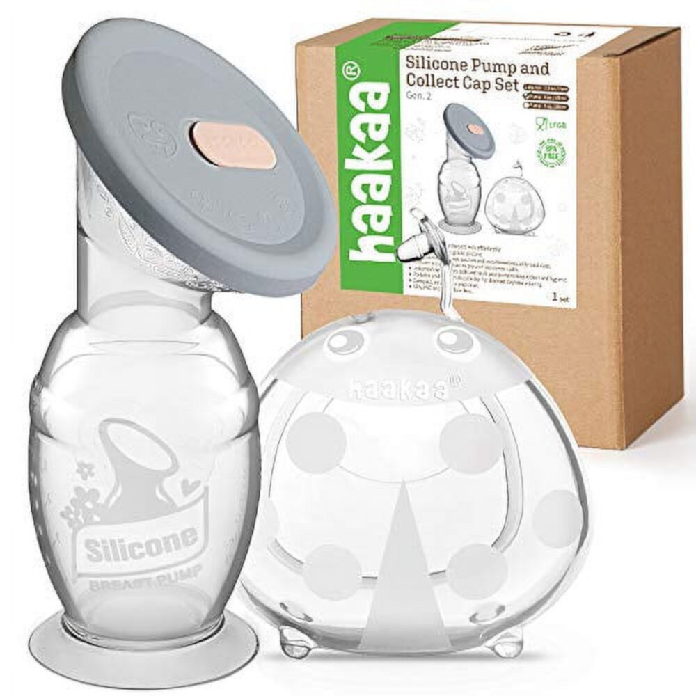 Haakaa 100ml Manual Breast Pump with Leakproof Silicone Lid and 75ml Wearable Ladybug Breast Milk Collector Combo for Breastfeeding Haakaa