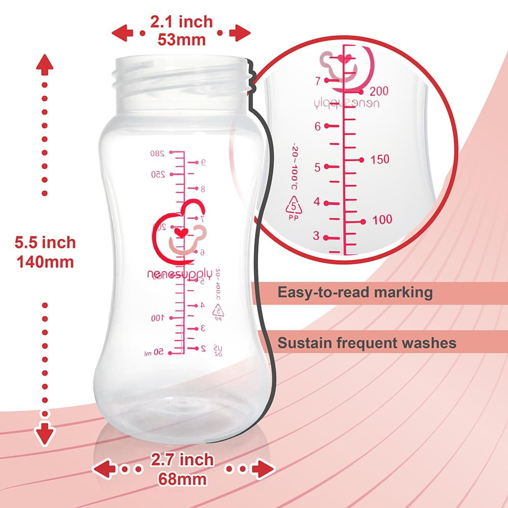 Nenesupply 9oz 4 Count Wide Neck Breast Pump Bottles Use as Bottles for Pumping with Spectra S1 Spectra S2 9 Plus Breast Pumps. Pump Bottles for Spectra Pump. Breastmilk Storage and Collection Bottle NENESUPPLY