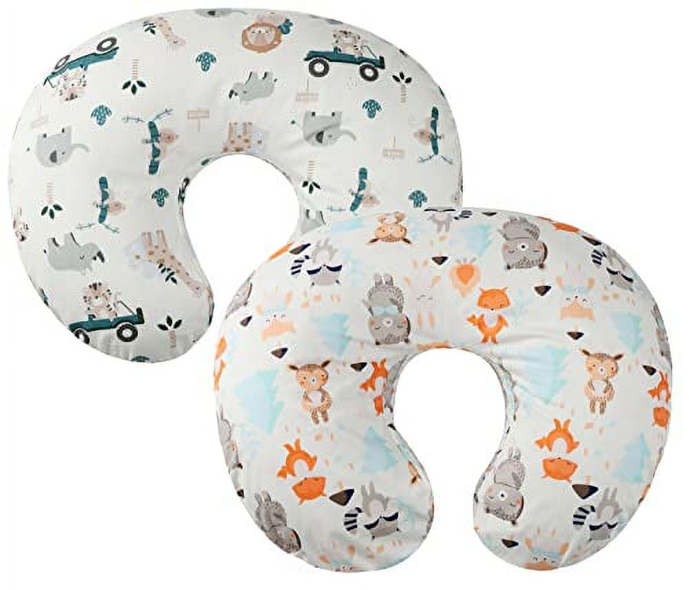 Tontukatu Nursing Pillow Cover 2 Pack Compatible with Boppy Pillow, 100% Cotton Super Soft for Breastfeeding Moms Fit Infant Nursing Pillows & Positioners for Baby Boy Girl Grey Elephant Tiger Fox Tontukatu