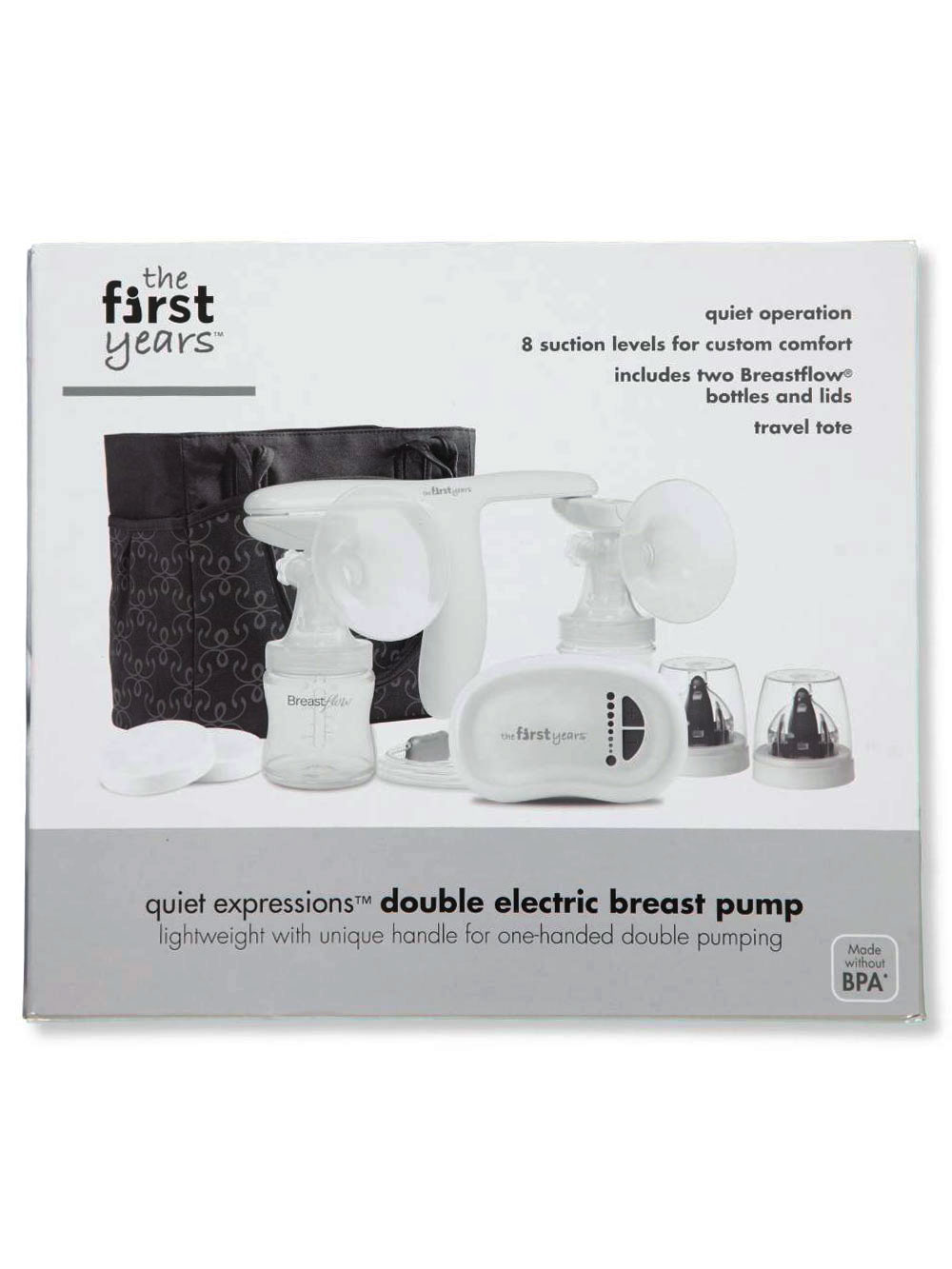 The First Years Quiet Expressions™ Double Electric Breast Pump | Quiet Operation for Discreet Pumping | 8 Adjustable Suction Levels | Includes 2 Breastflow Bottles and Carrying Tote The First Years