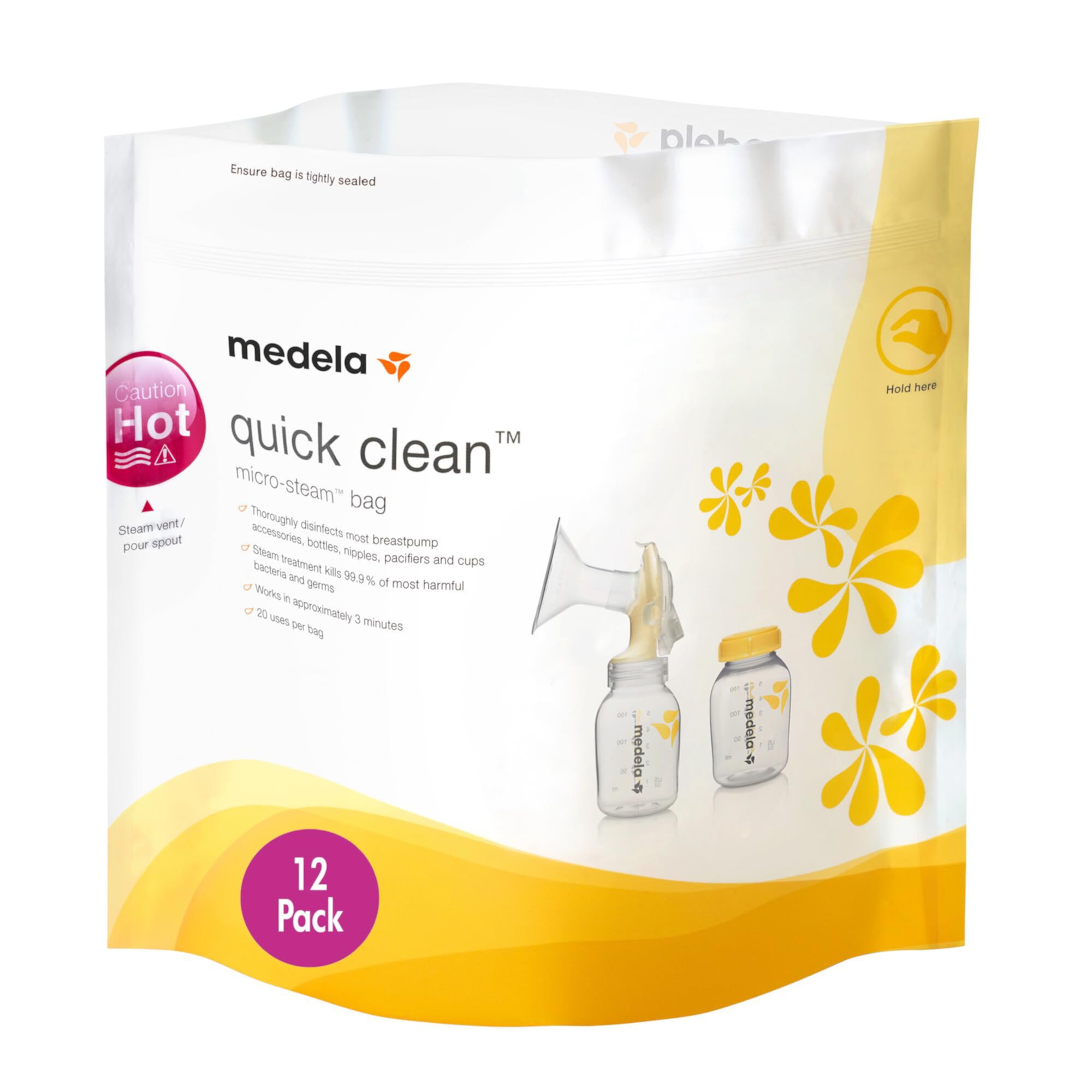 Medela Quick Clean MicroSteam Bags, Sterilizing Bags for Bottles Breast Pump Parts Eliminates 99.9 of Common Bacteria Germs Disinfects Most Breastpump Accessories, Yellow, 12 Pack C24 Medela