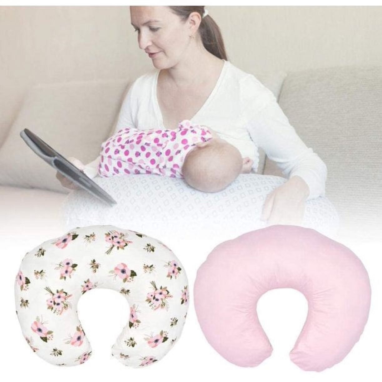 Dosaele 2 Pack Stretchy Nursing Pillow Covers Nursing Pillow Slipcovers for Breastfeeding Moms,Ultra Soft Snug Fits On Infant Nursing Pillow for Baby (Pink & Floral) Dosaele