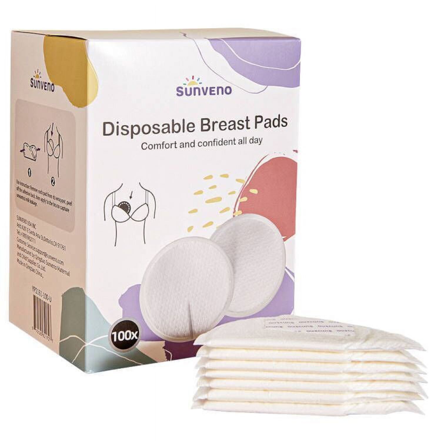 Sunveno Disposable Nursing Pads, Breastfeeding Essentials for Moms, Individually Packaged (100 Count) Sunveno