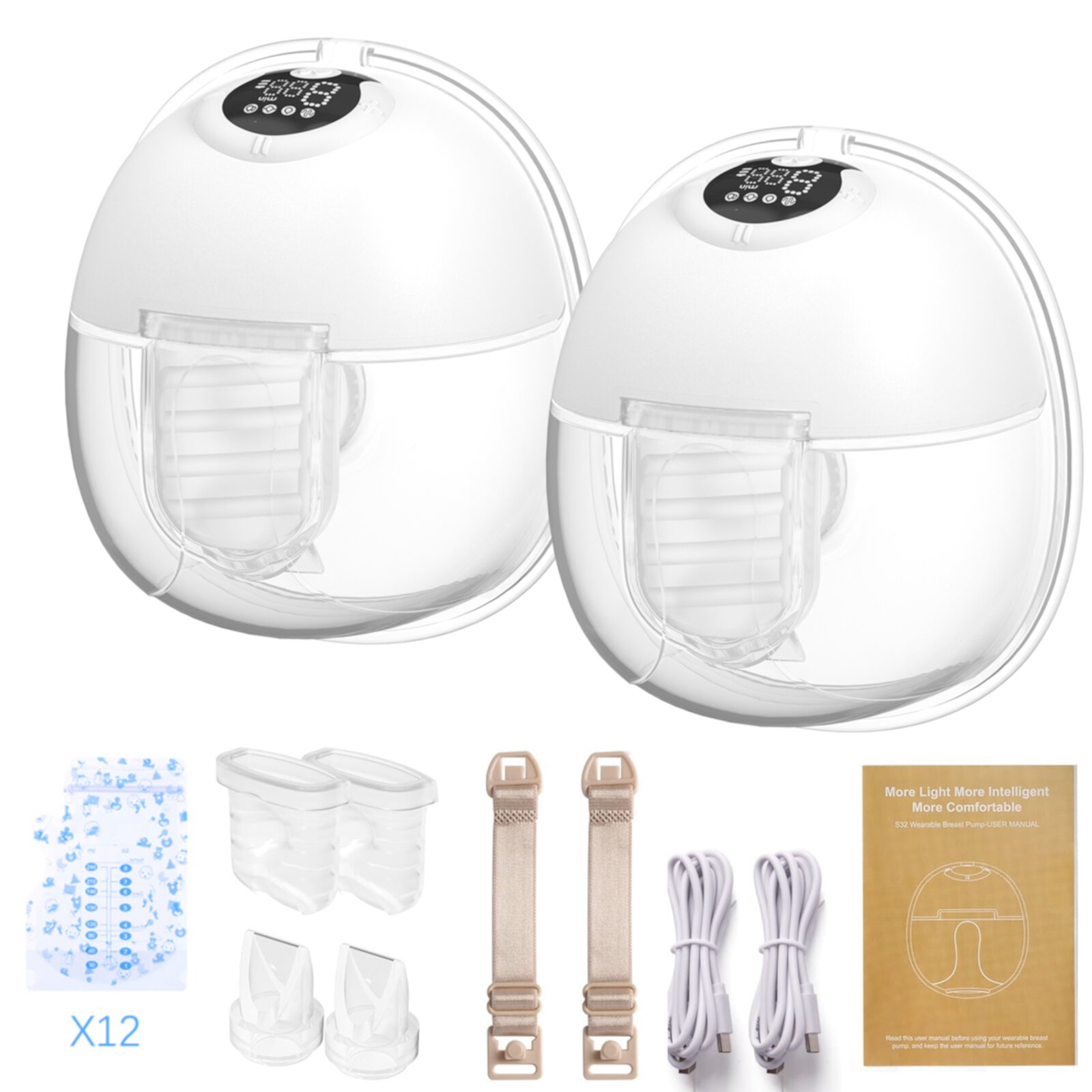 Wearable Breast Pump Hands Free with 4 Modes & 9 Levels,  Wireless  Portable Breast Pump Breastfeeding with 12 Pcs Breastmilk Storage Bags, LCD Display,  24mm Flange 2PC Kisdream