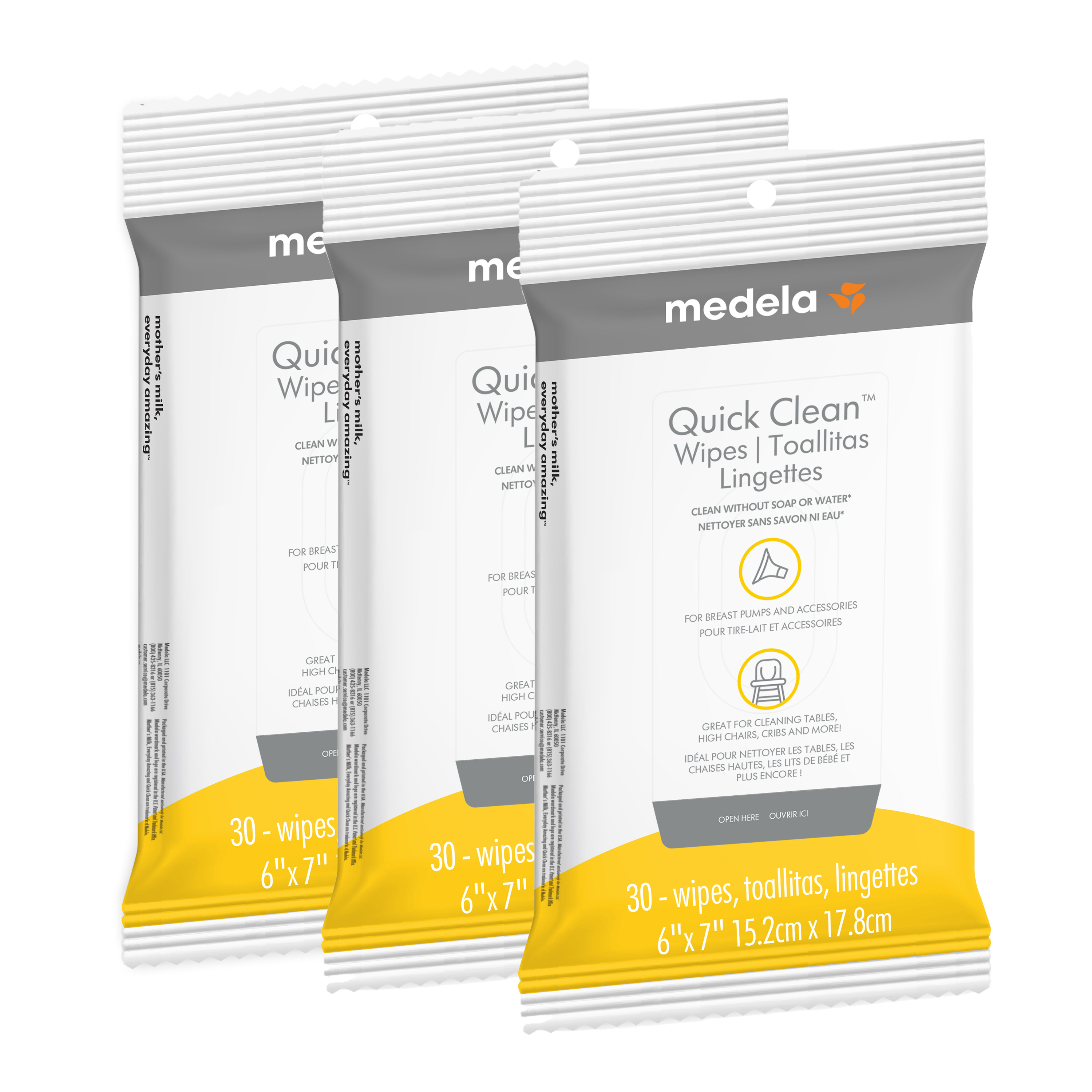 Medela Quick Clean Breast Pump and Accessory Wipes - 3 Packs of 30 count Medela