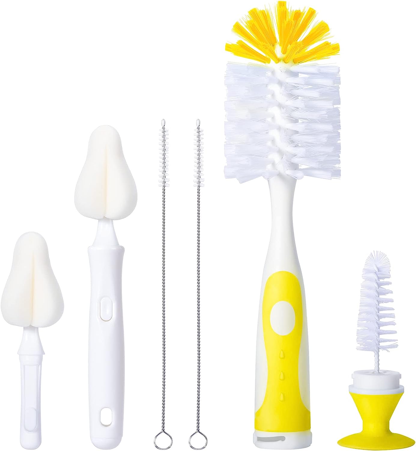 Baby Bottle Brush Set with Nipple Cleaner and Suction 10.2" Cleaning Brush and 6.5" Sponge Bottle Brush with A Replacement Brush Head and Two 6.7" Straw Brushes Pack of 5 (Yellow) Dockapa