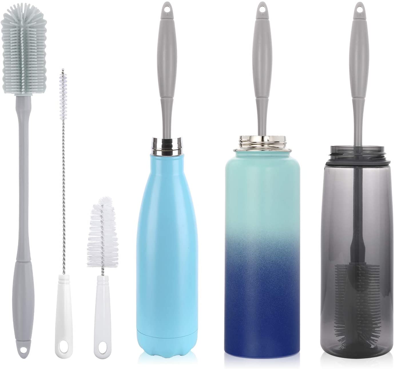 14” Silicone Bottle Brush - Cleaning Set for Sports Water Bottle, Baby Bottles Vase, Bottle Cleaner Compatible with Thermos Hydro Flask Contigo S'well Simple Modern, etc. Dockapa