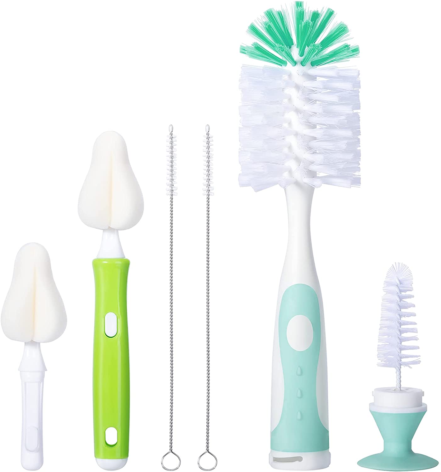 Baby Bottle Brush with One Base Hidden Nylon Nipple Cleaner 2 Pcs Sponge Nipple Brushes 2 Pcs Straw Brushes Bottle Brush with Nipple Cleaner and Suction Cup (Green) Dockapa