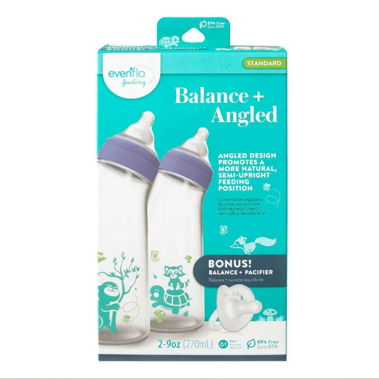 Evenflo Feeding Balance+ Angled Bottle 9 Oz 2-Pack with Pacifier Evenflo