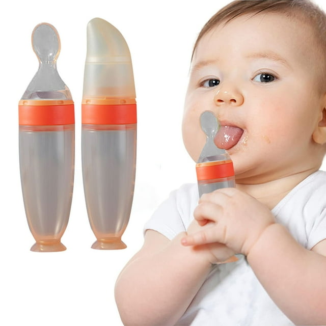 Best Hot Sale Pedty Tableware,1X Feeding Bottle,Baby Training Silicone Bottle Extrusion Spoon Children'S Complementary Food Bottle Blue. Pedty