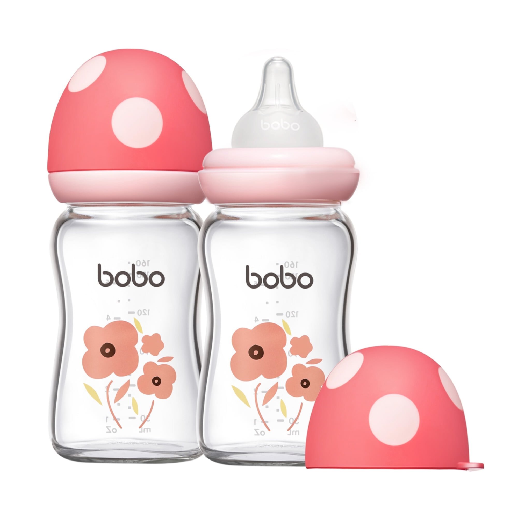 YOHKOH 6 oz Mushroom Cap Glass Baby Bottle,Wide Neck+Anti-Colic,for 1-3 Infant,Red,2pk YOHKOH